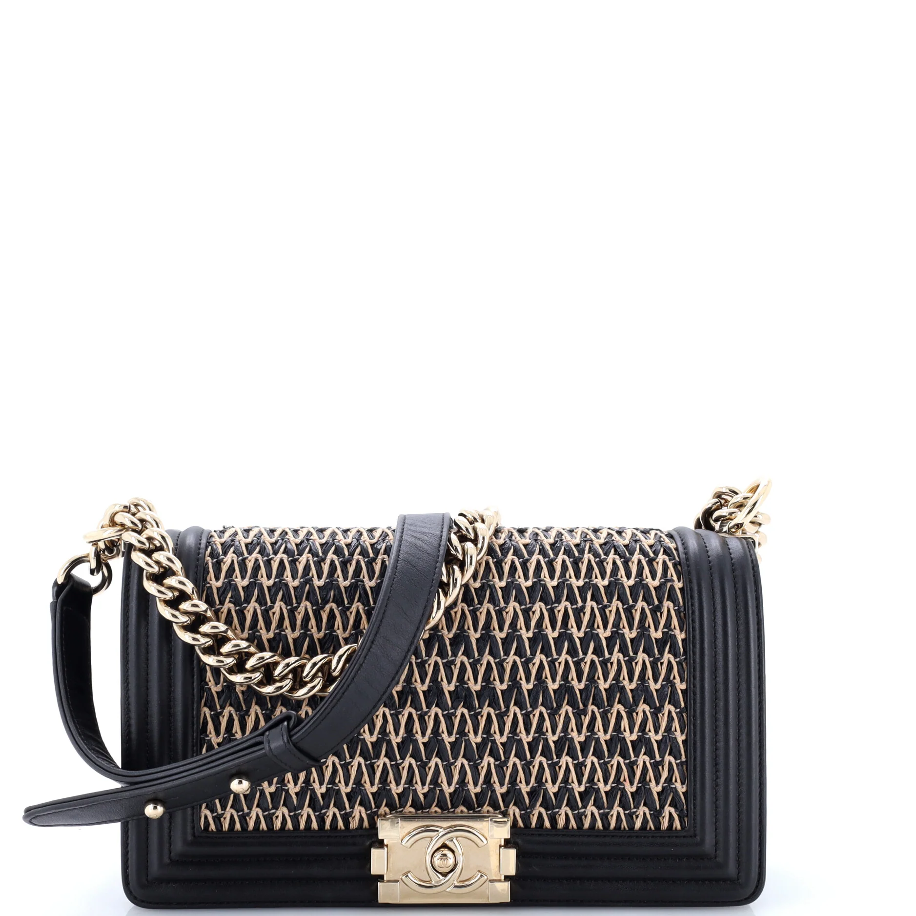 Boy Flap Bag Chevron Woven Raffia and Leather Old Medium
