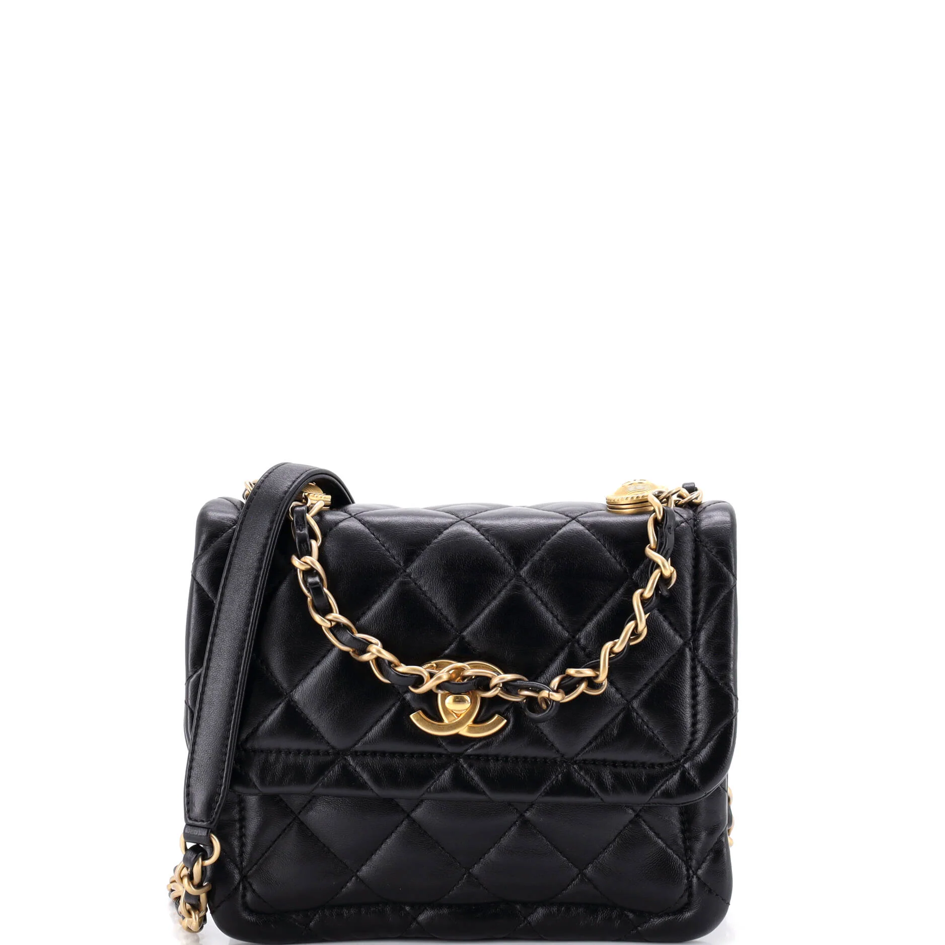 Button on Top Flap Bag Quilted Shiny Lambskin Small