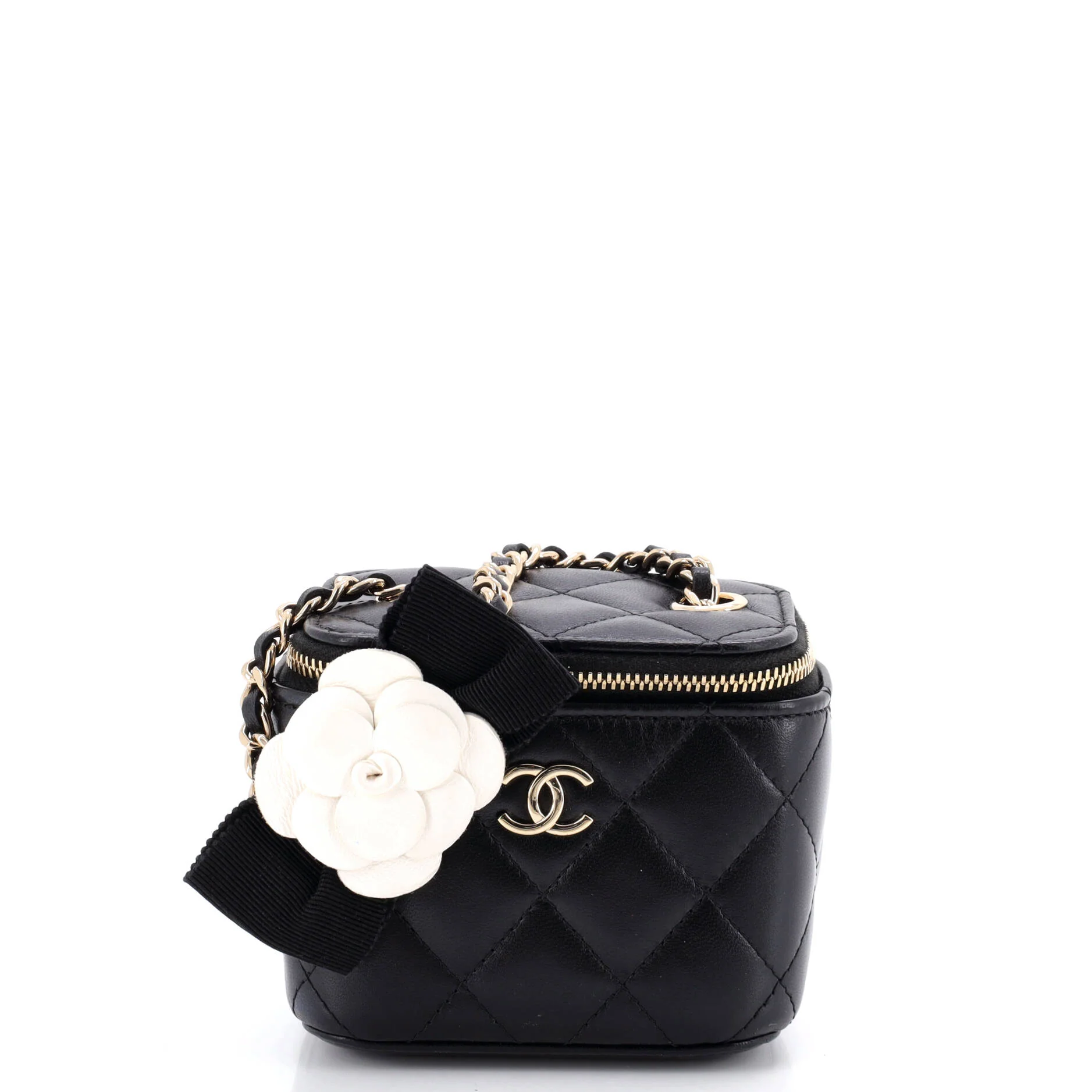 Camellia Bow Vanity Case with Chain Quilted Lambskin Mini