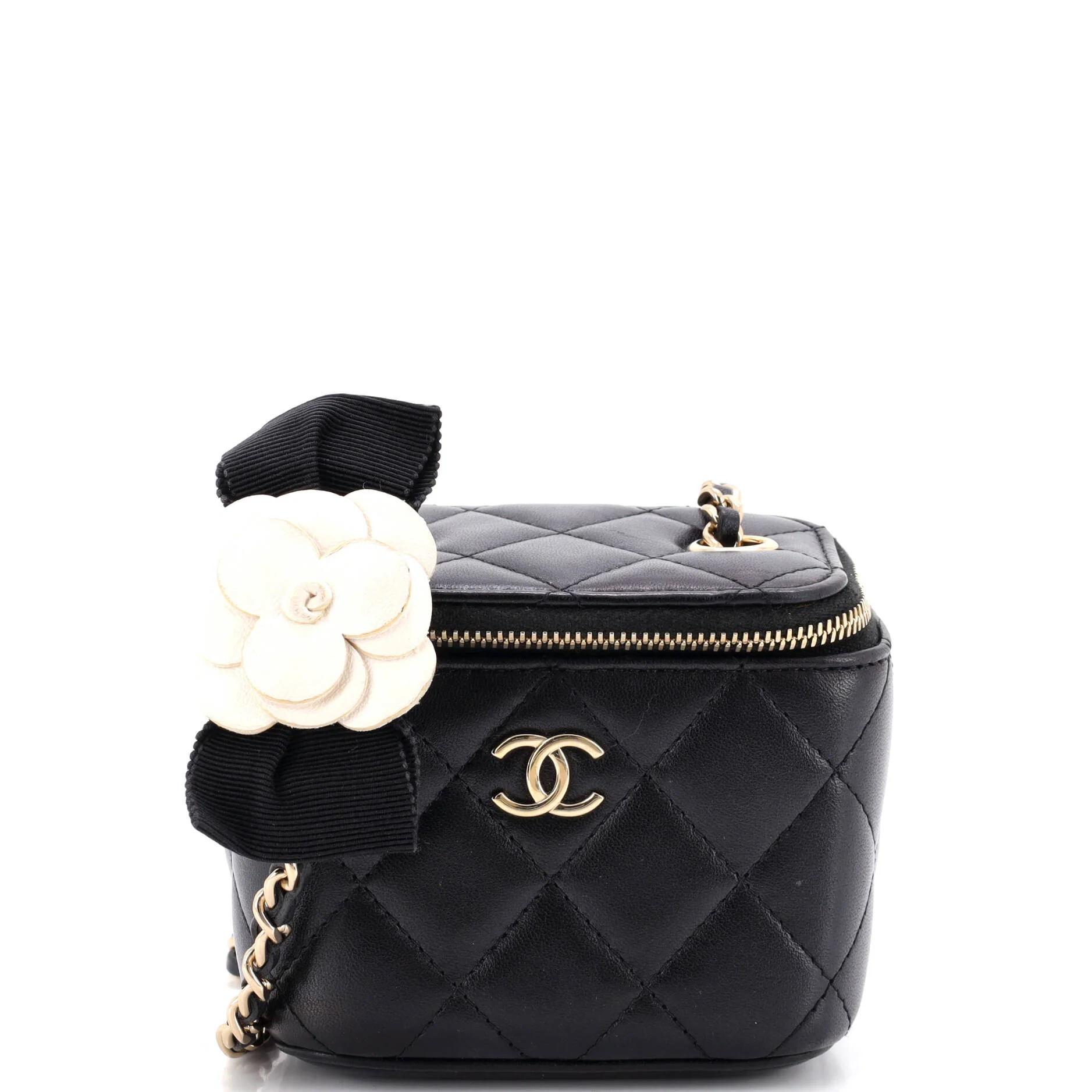 Camellia Bow Vanity Case with Chain Quilted Lambskin Mini