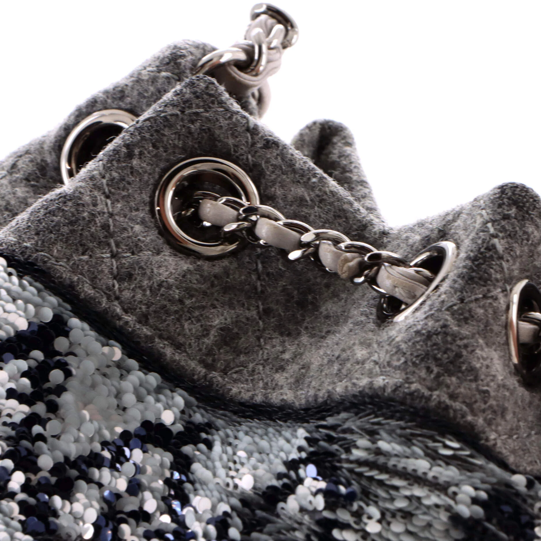 CC Chain Drawstring Bucket Bag Quilted Wool and Sequins Mini - Image 6