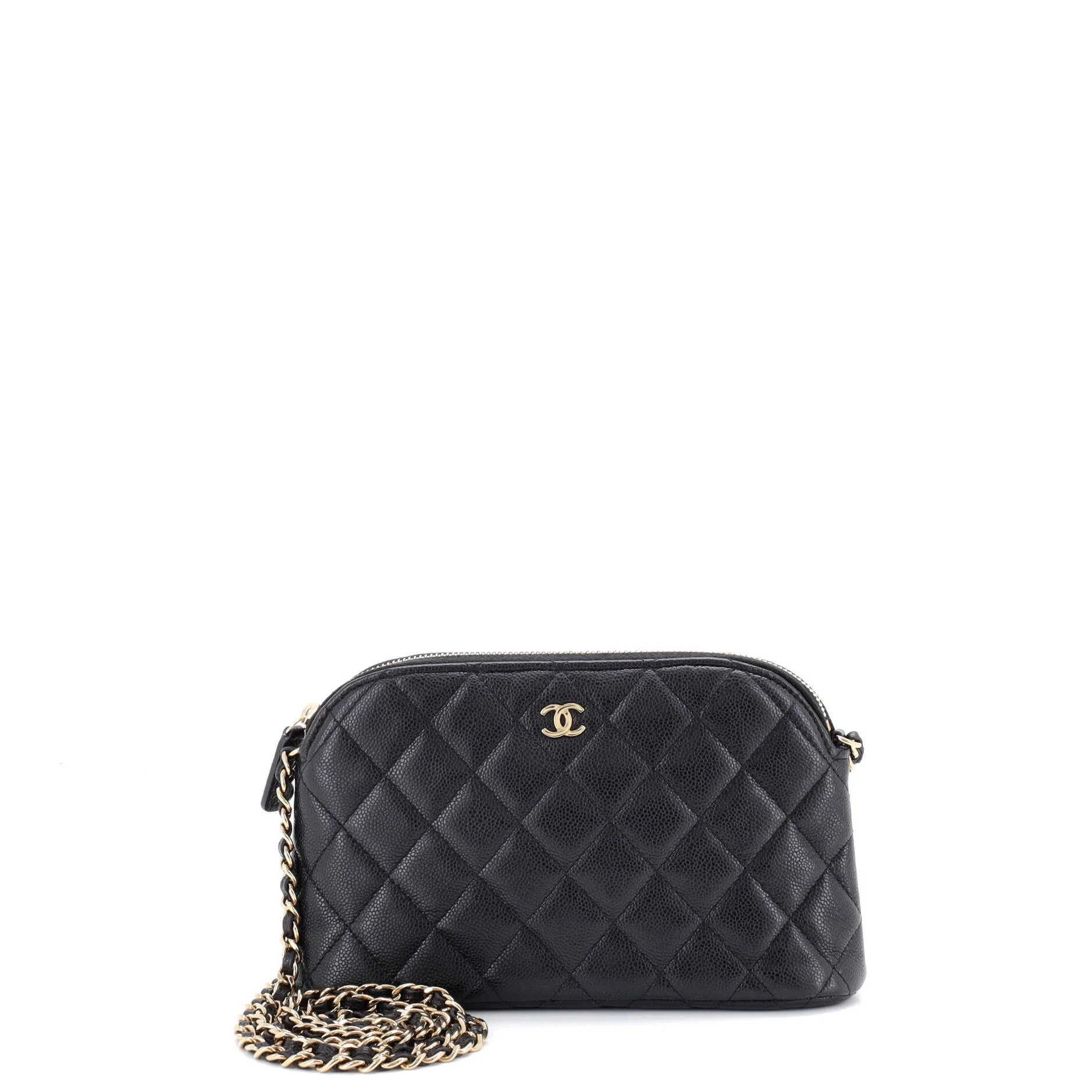 CC Dome Zip Clutch with Chain Quilted Caviar Small