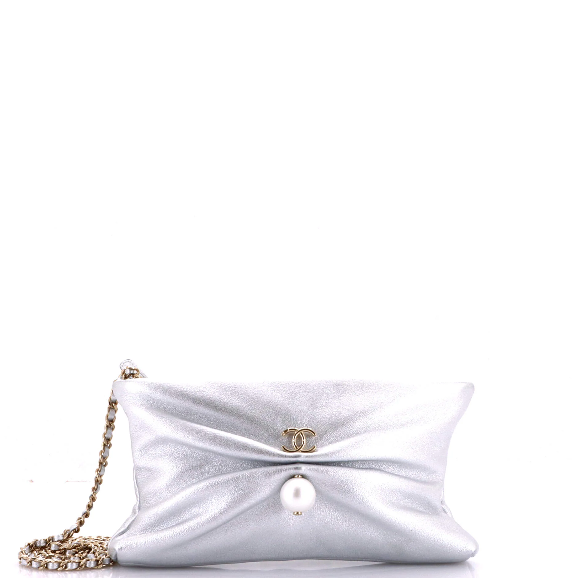 CC Pearl Pleat Zip Clutch with Chain Shiny Lambskin
