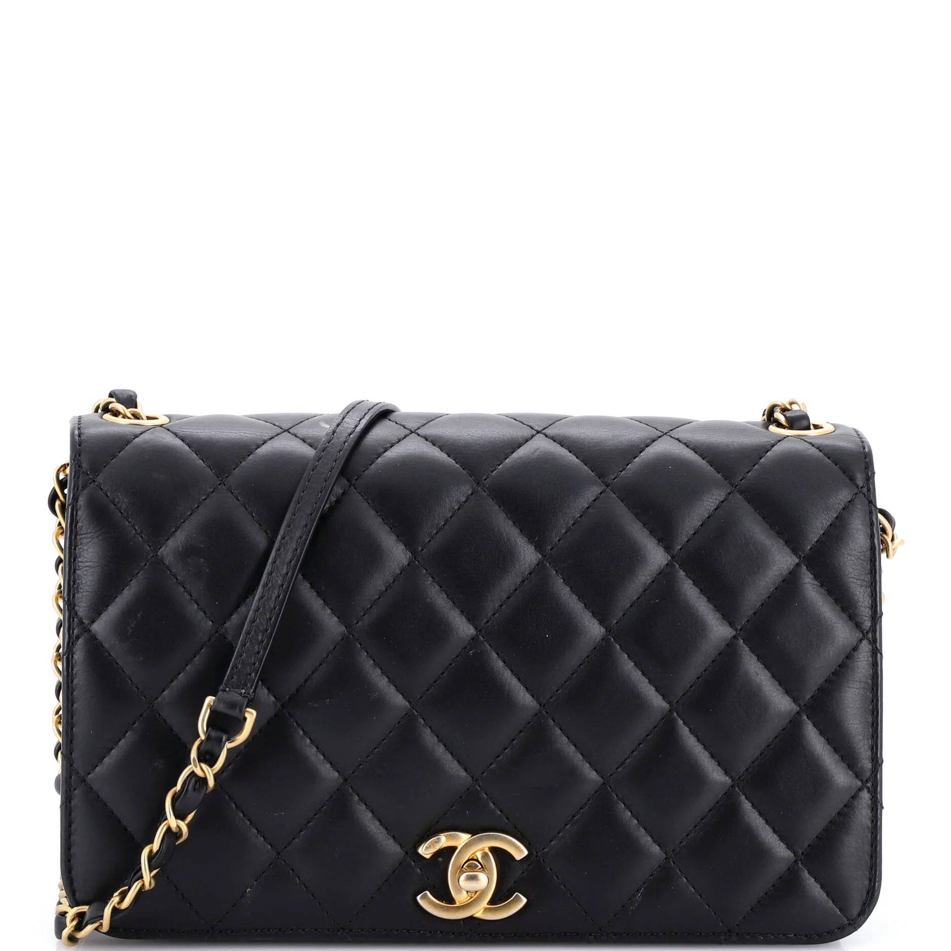 CC Side Chain Full Flap Bag Quilted Calfskin Medium