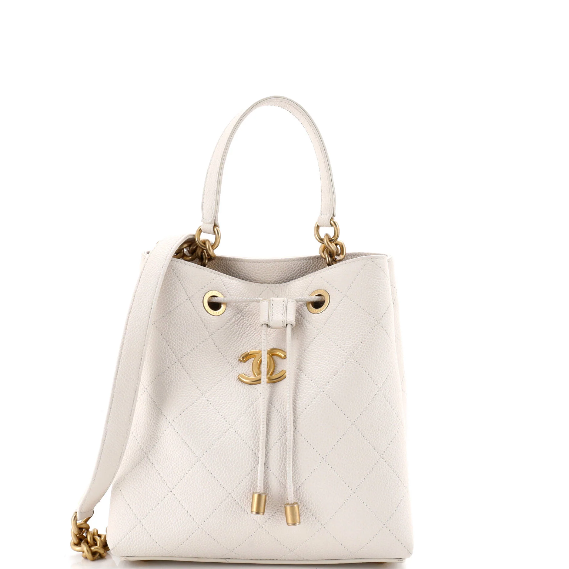 CC Top Handle Chain Drawstring Bucket Bag Quilted Caviar Small