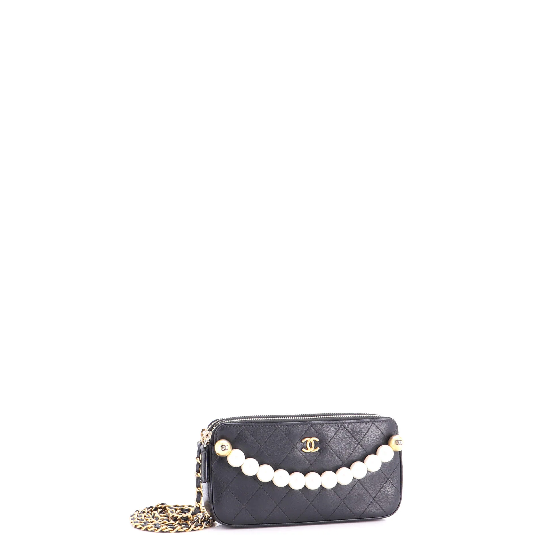 Chic Pearls Double Zip Clutch with Chain Quilted Lambskin - Image 3