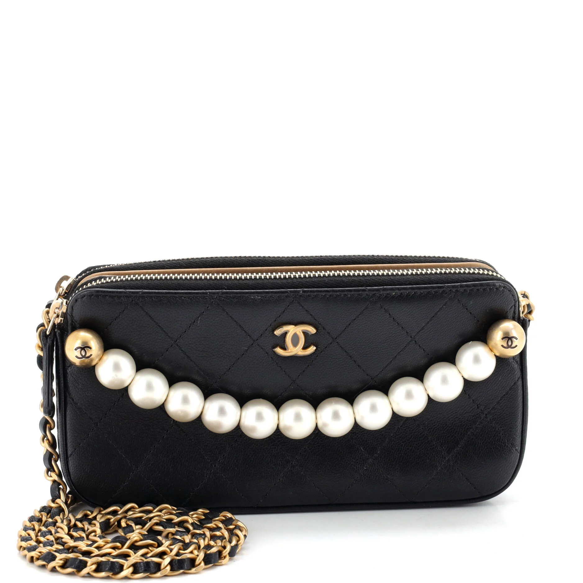 Chic Pearls Double Zip Clutch with Chain Quilted Lambskin