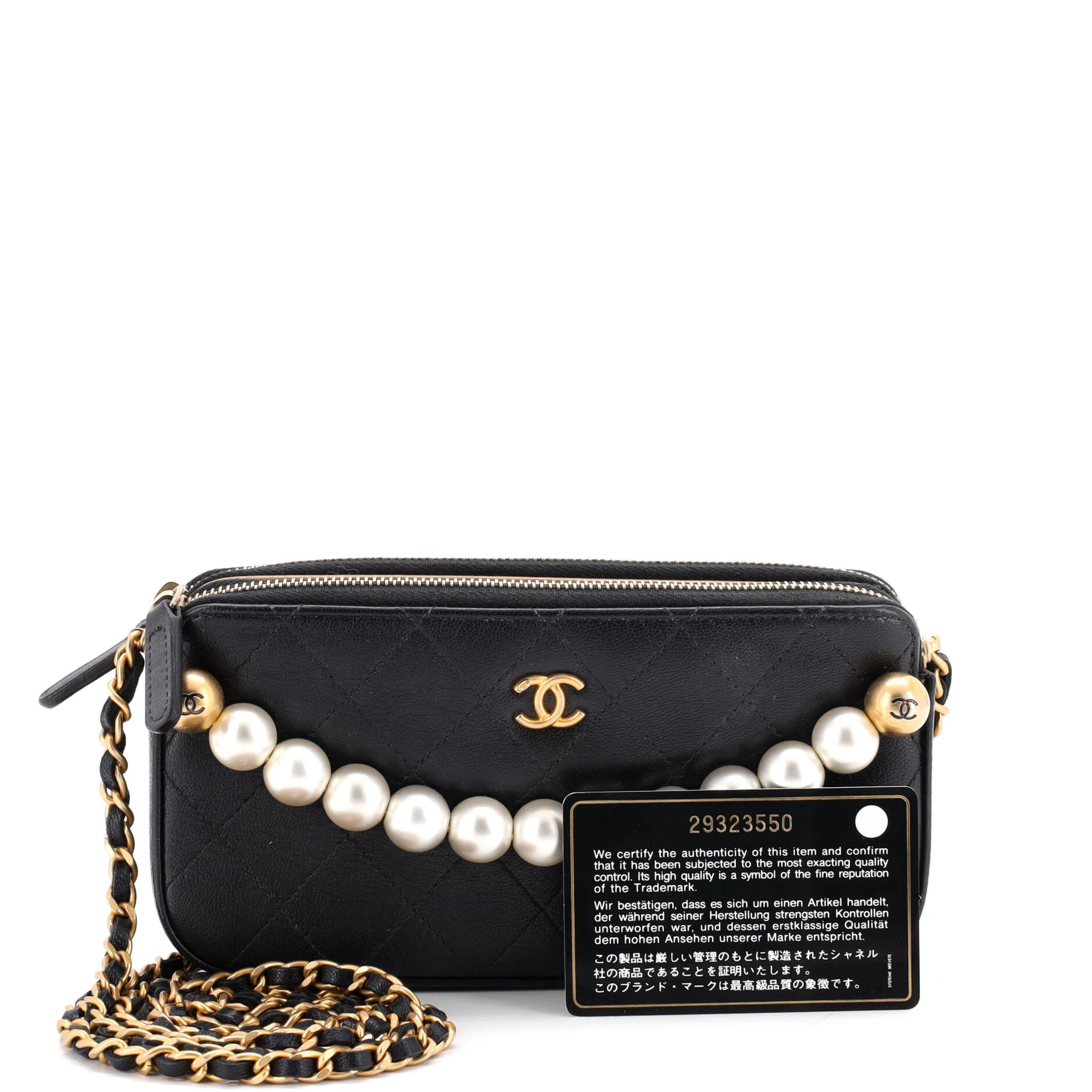 Chic Pearls Double Zip Clutch with Chain Quilted Lambskin - Image 2