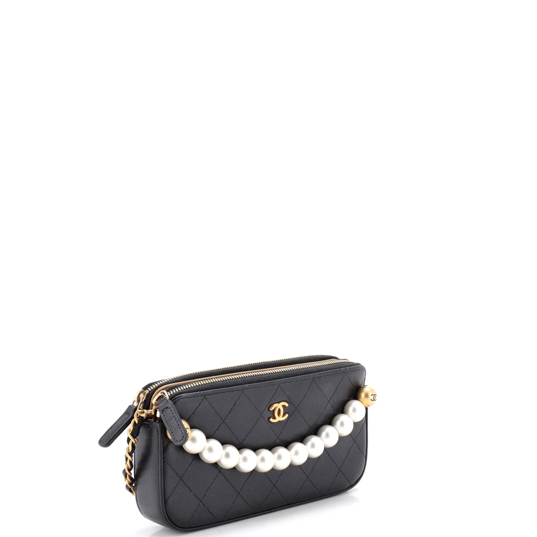 Chic Pearls Double Zip Clutch with Chain Quilted Lambskin - Image 3