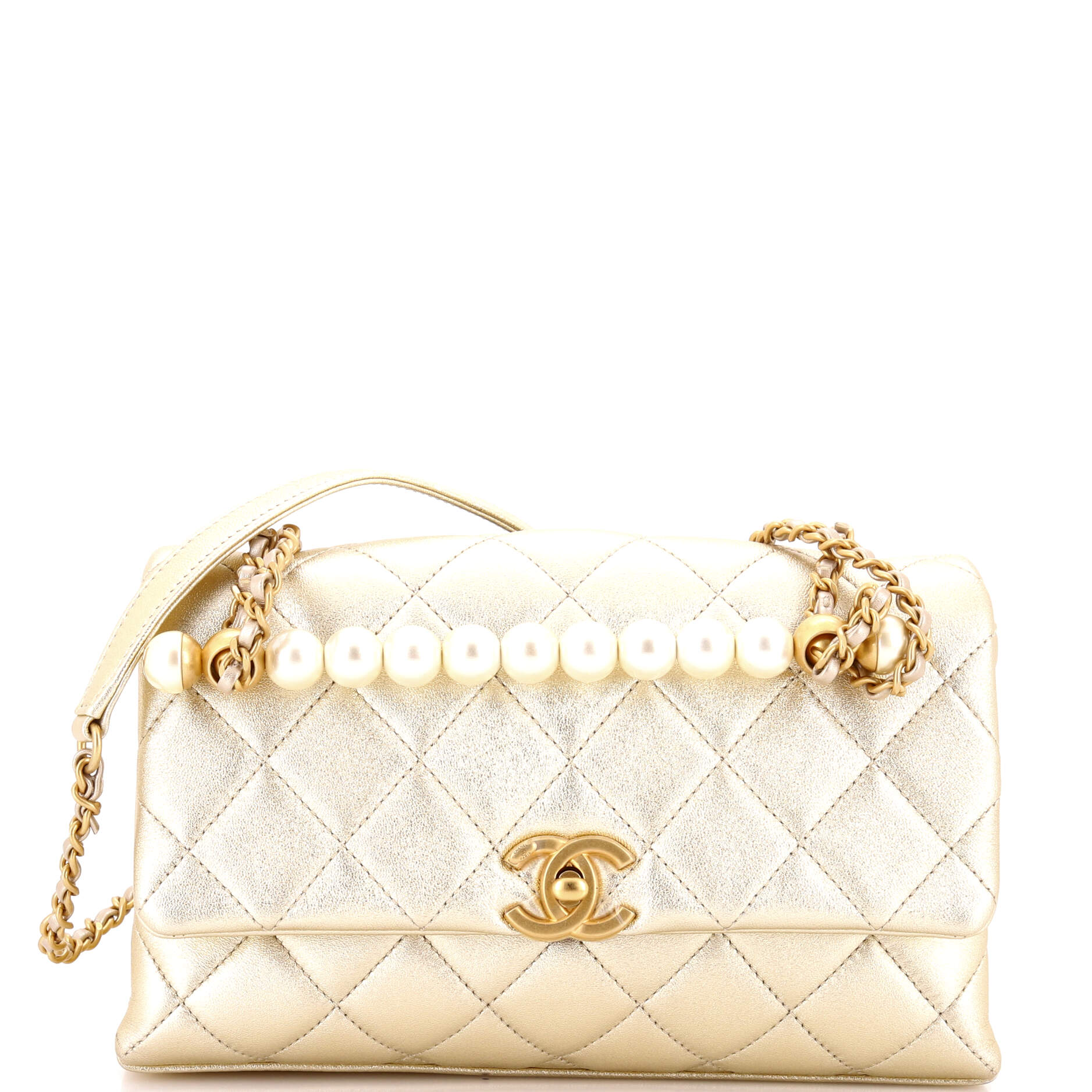 Chic Pearls Handle Flap Bag Quilted Shiny Lambskin Small