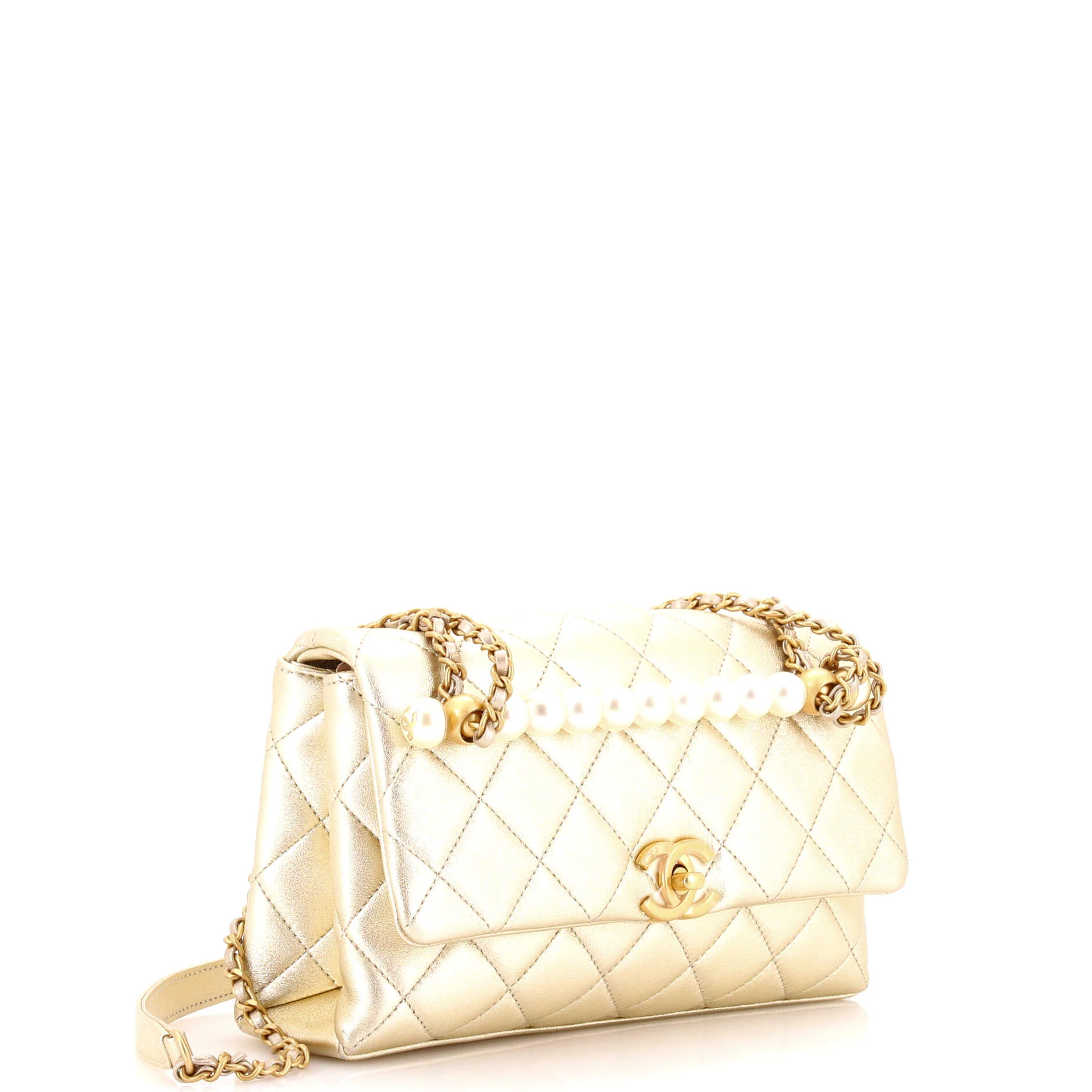Chic Pearls Handle Flap Bag Quilted Shiny Lambskin Small - Image 2