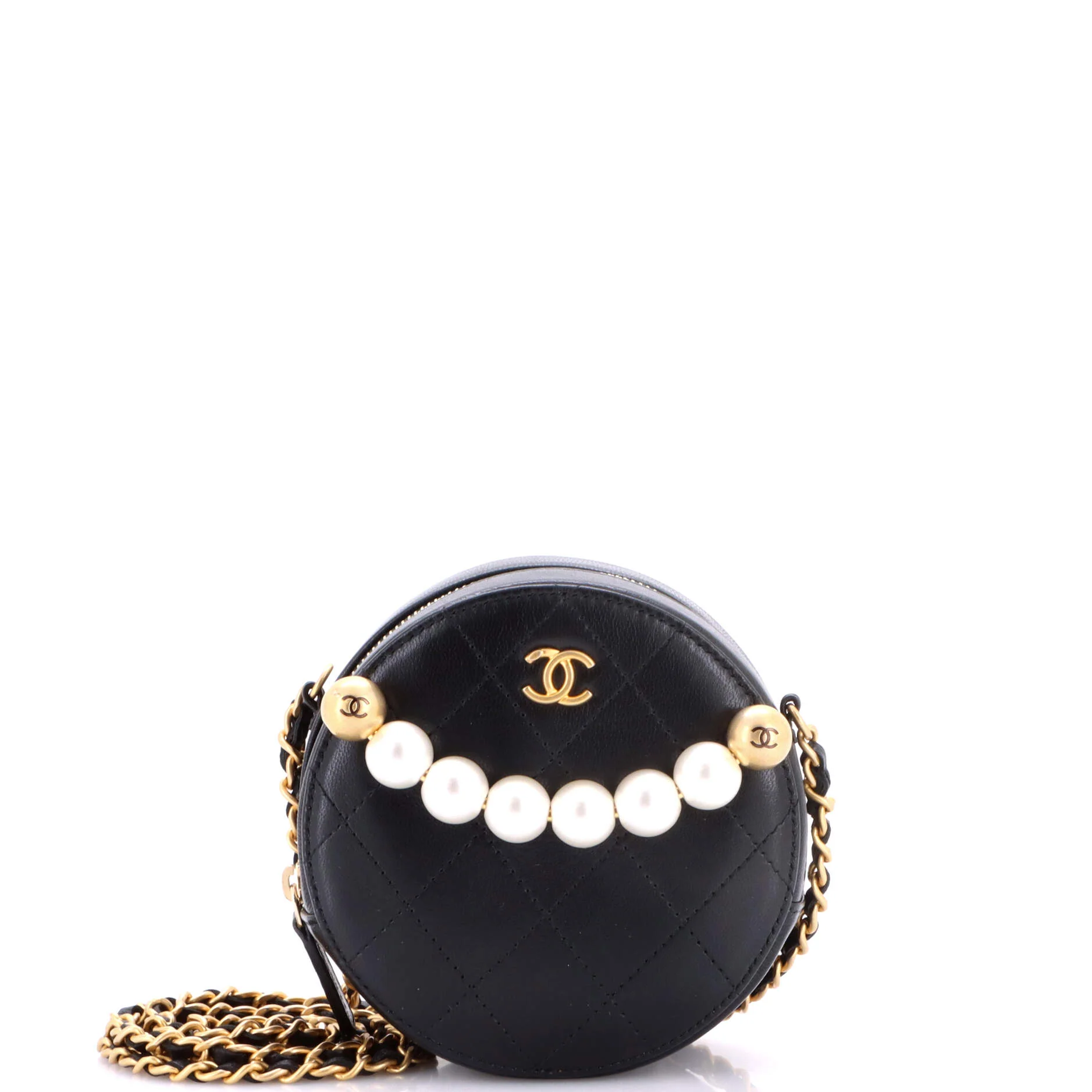 Chic Pearls Round Clutch with Chain Quilted Lambskin