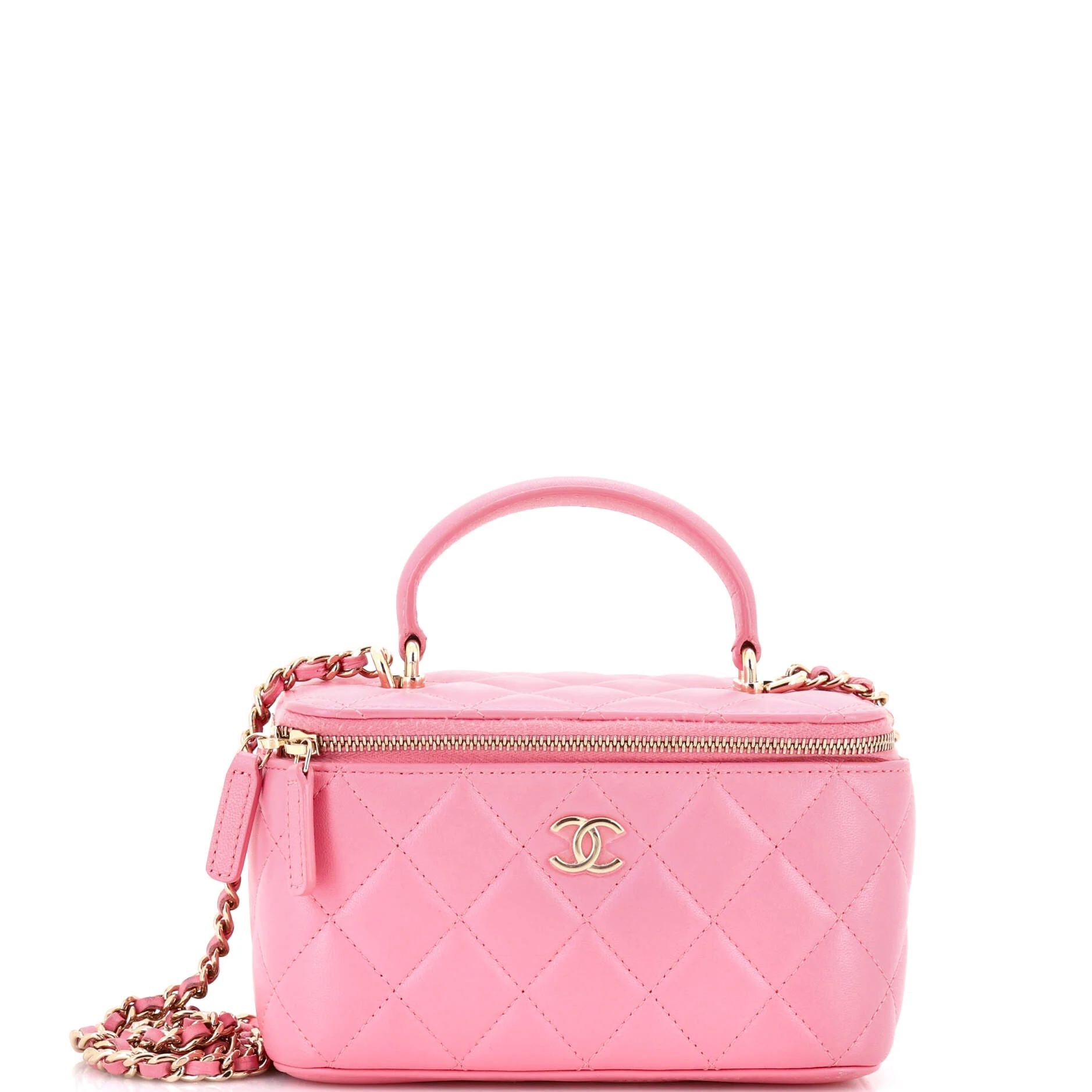 Classic Top Handle Vanity Case with Chain Quilted Lambskin Small