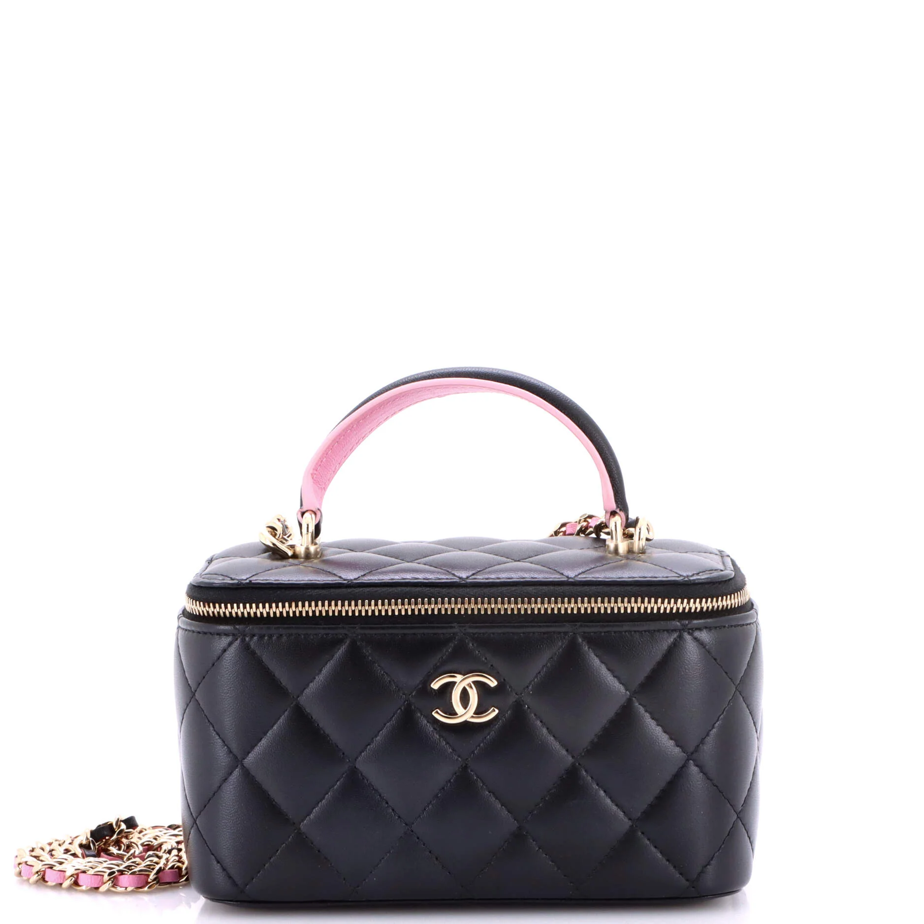 Classic Top Handle Vanity Case with Chain Quilted Lambskin Small