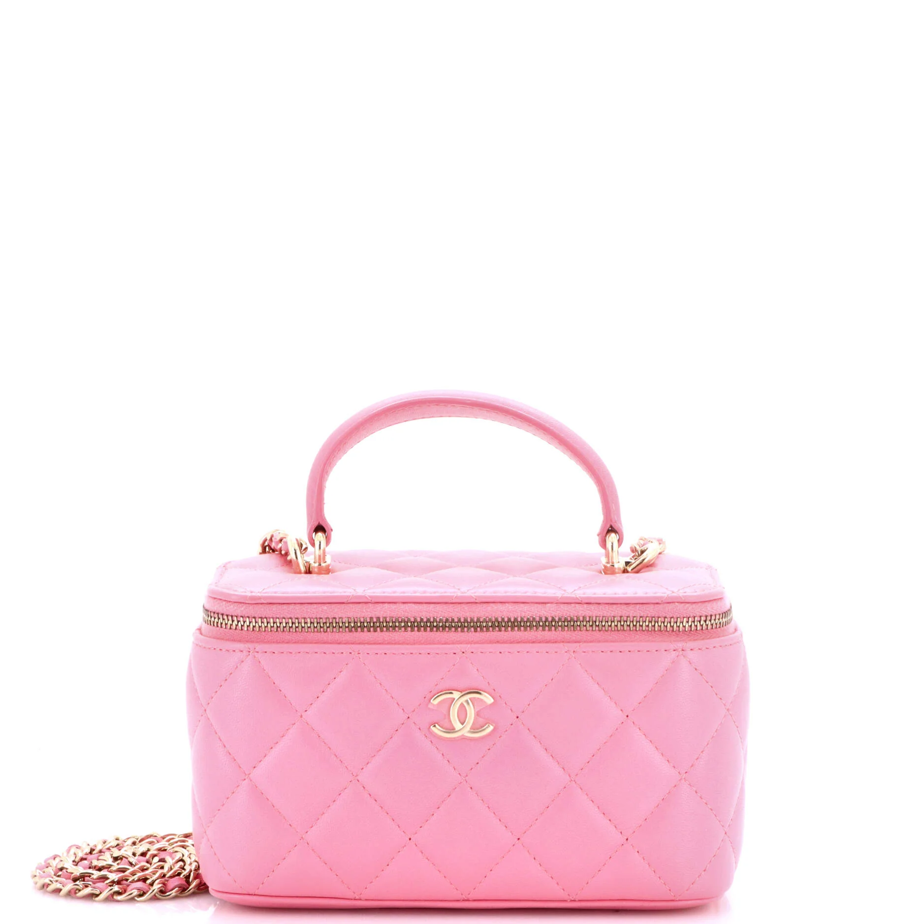 Classic Top Handle Vanity Case with Chain Quilted Lambskin Small