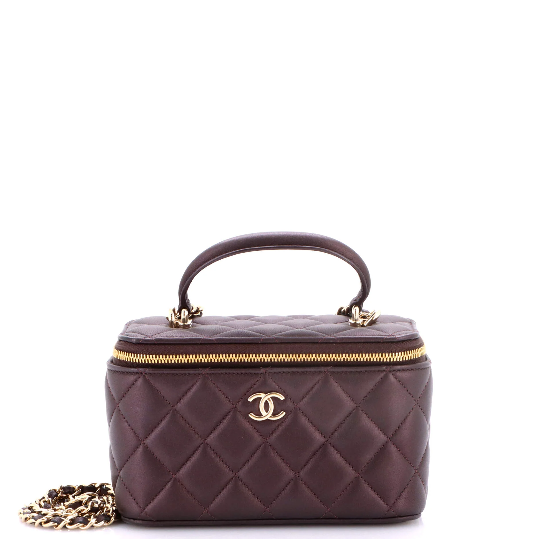 Classic Top Handle Vanity Case with Chain Quilted Lambskin Small