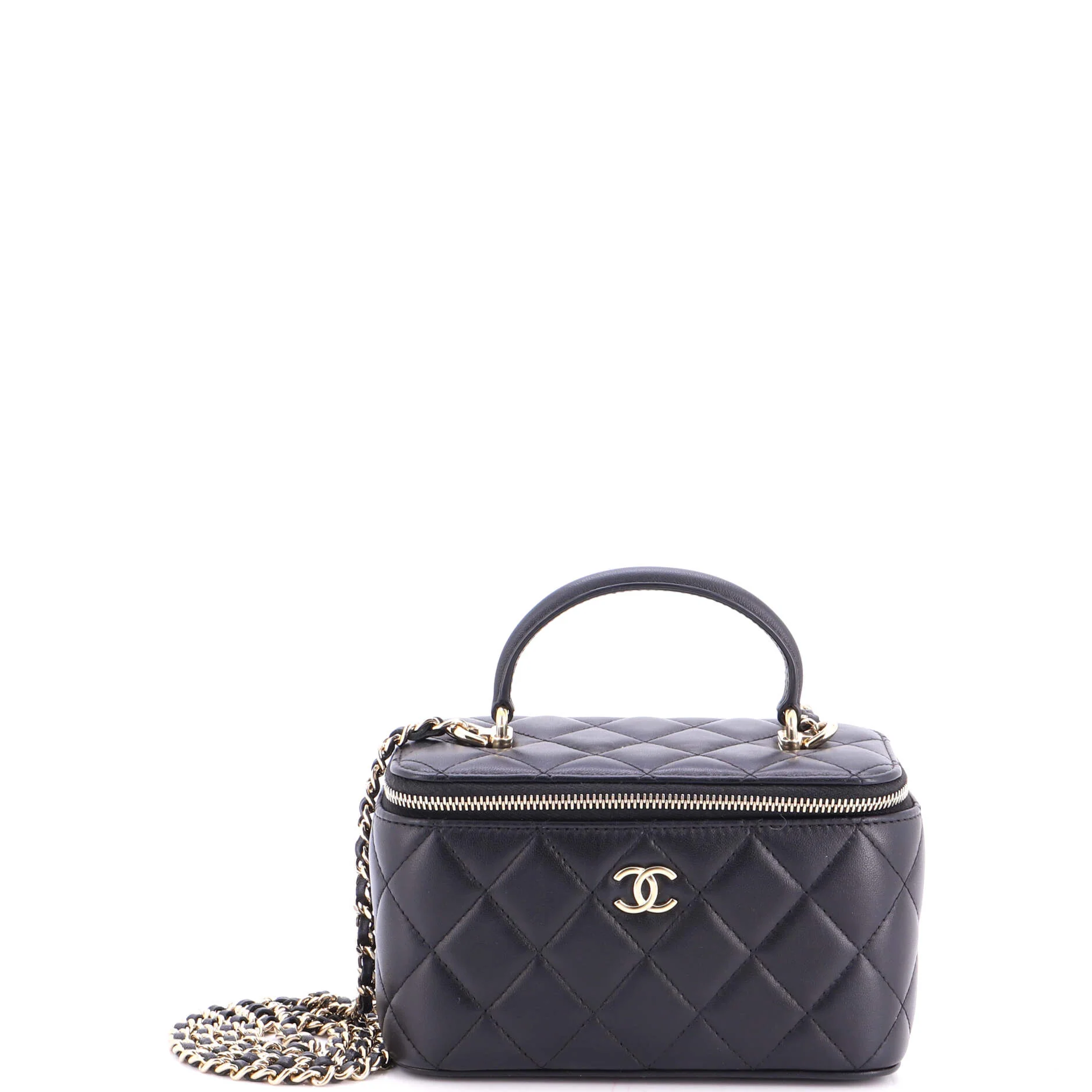 Classic Top Handle Vanity Case with Chain Quilted Lambskin Small