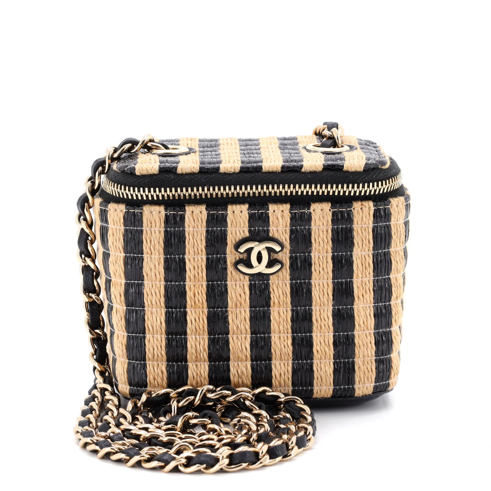 Classic Vanity Case with Chain Striped Raffia and Jute Mini