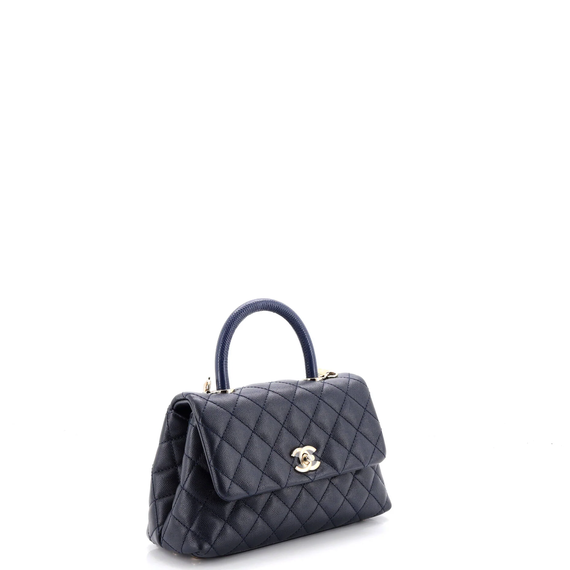 Coco Top Handle Bag Quilted Caviar with Lizard Embossed Handle Mini - Image 3