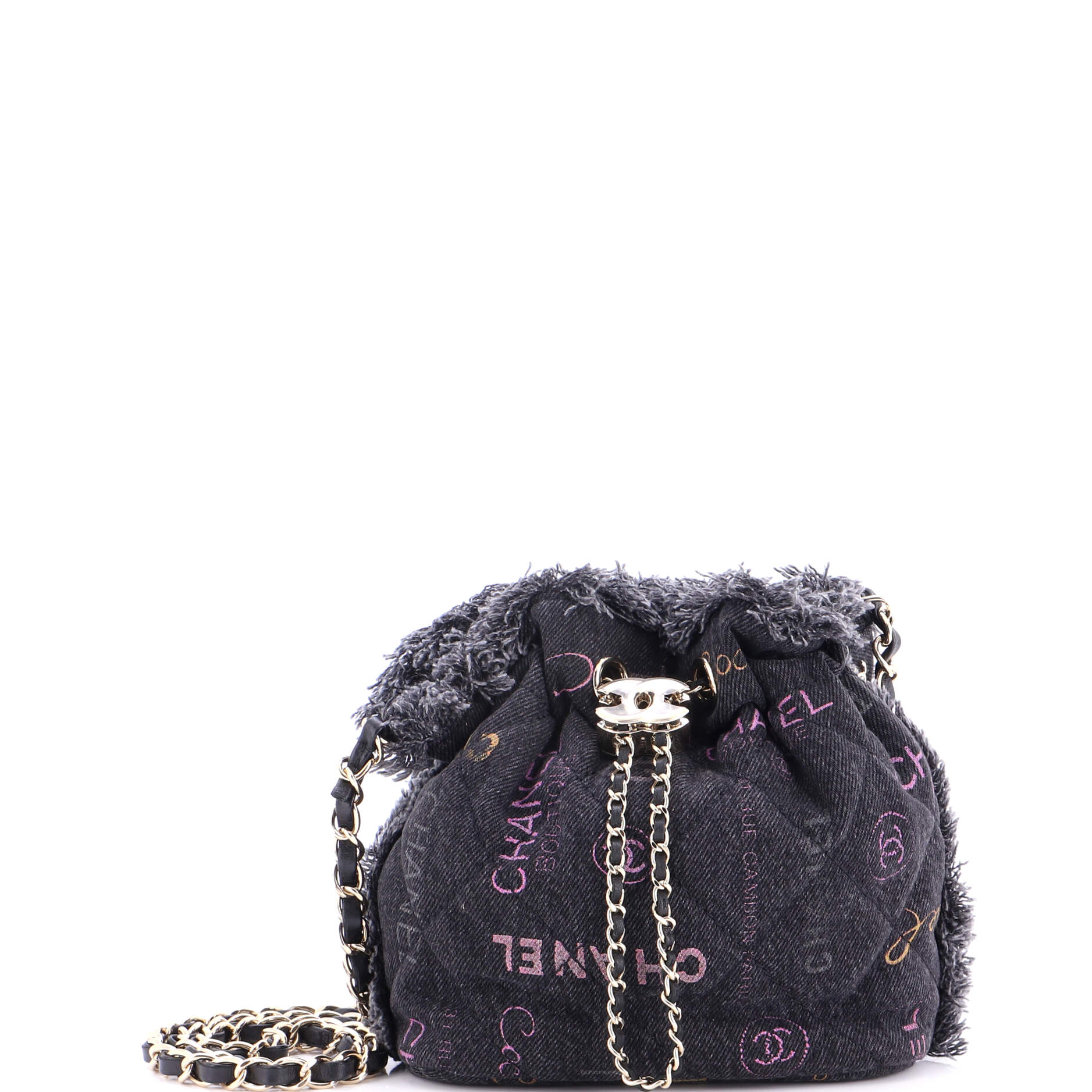 Denim Mood Chain Bucket Bag Logo Printed Quilted Fringe Denim Medium