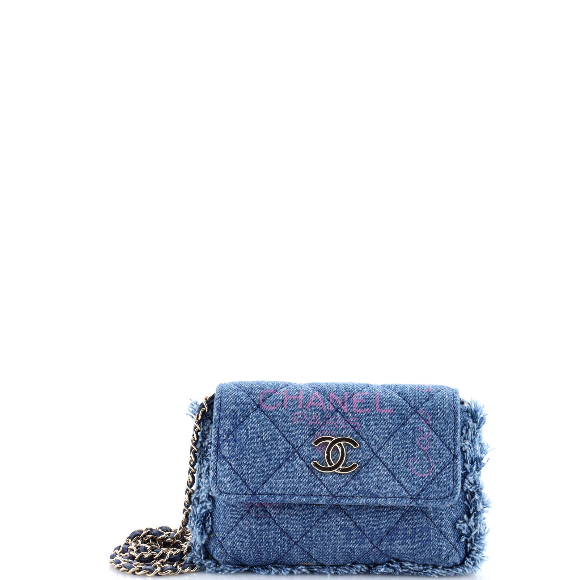 Denim Mood Flap Clutch with Chain Logo Printed Quilted Fringe Denim