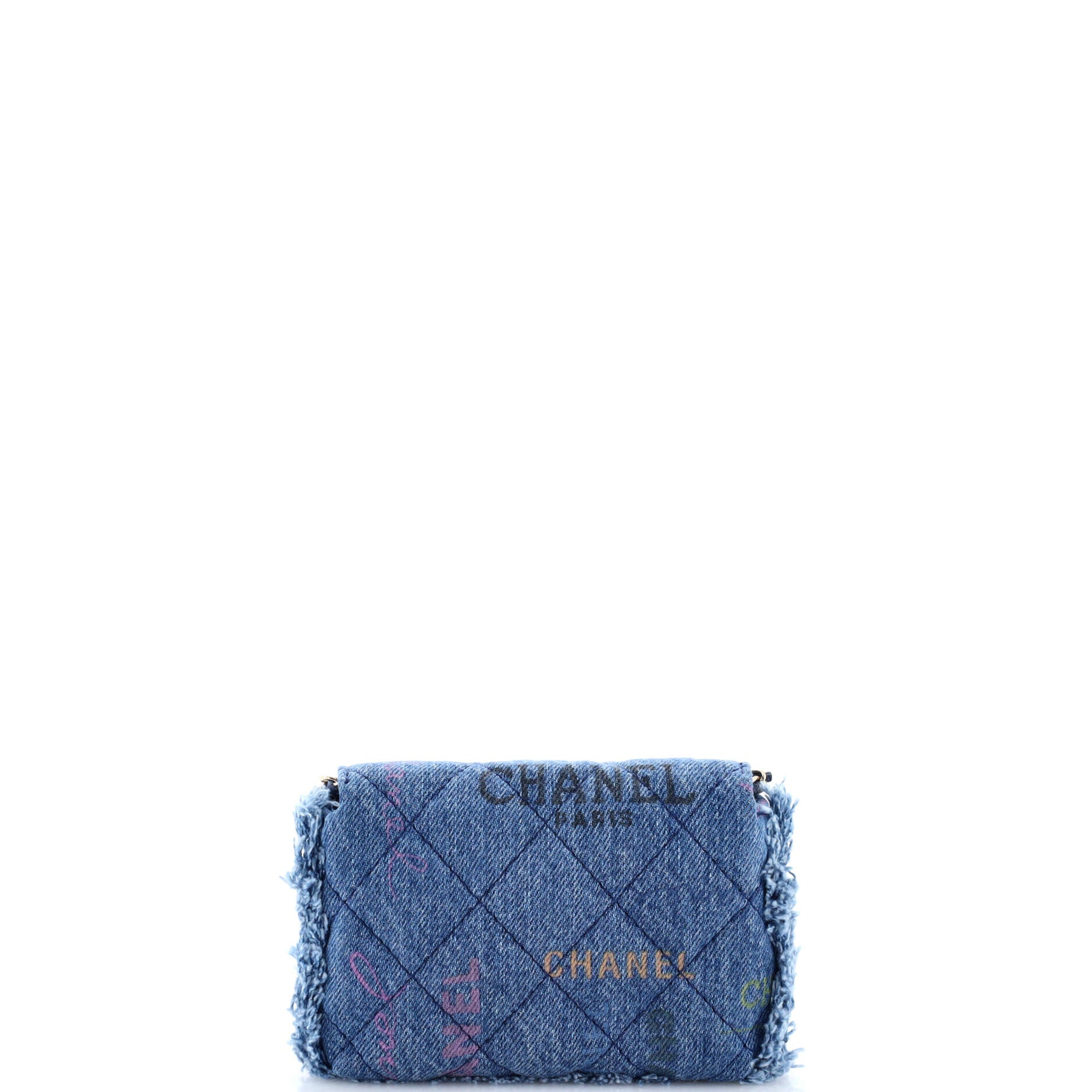 Denim Mood Flap Clutch with Chain Logo Printed Quilted Fringe Denim - Image 3