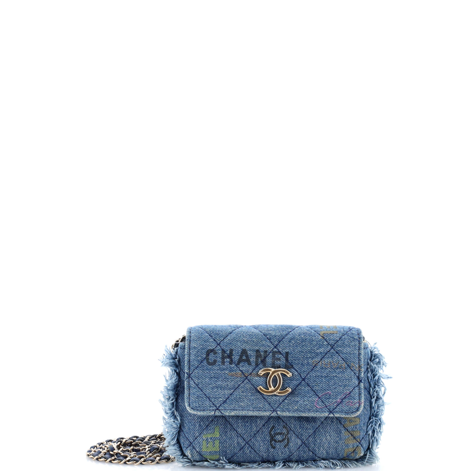 Denim Mood Flap Clutch with Chain Logo Printed Quilted Fringe Denim