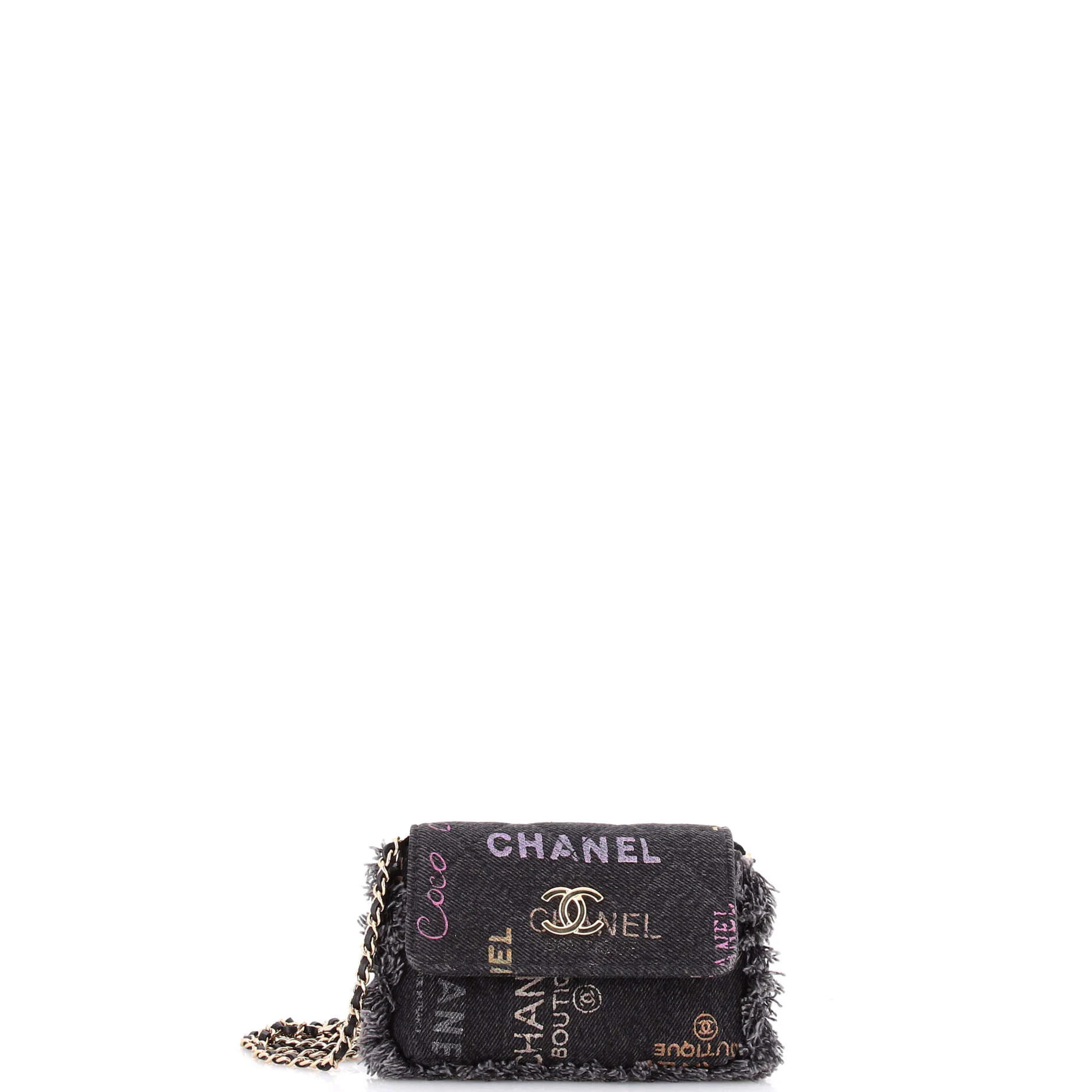 Denim Mood Flap Clutch with Chain Logo Printed Quilted Fringe Denim