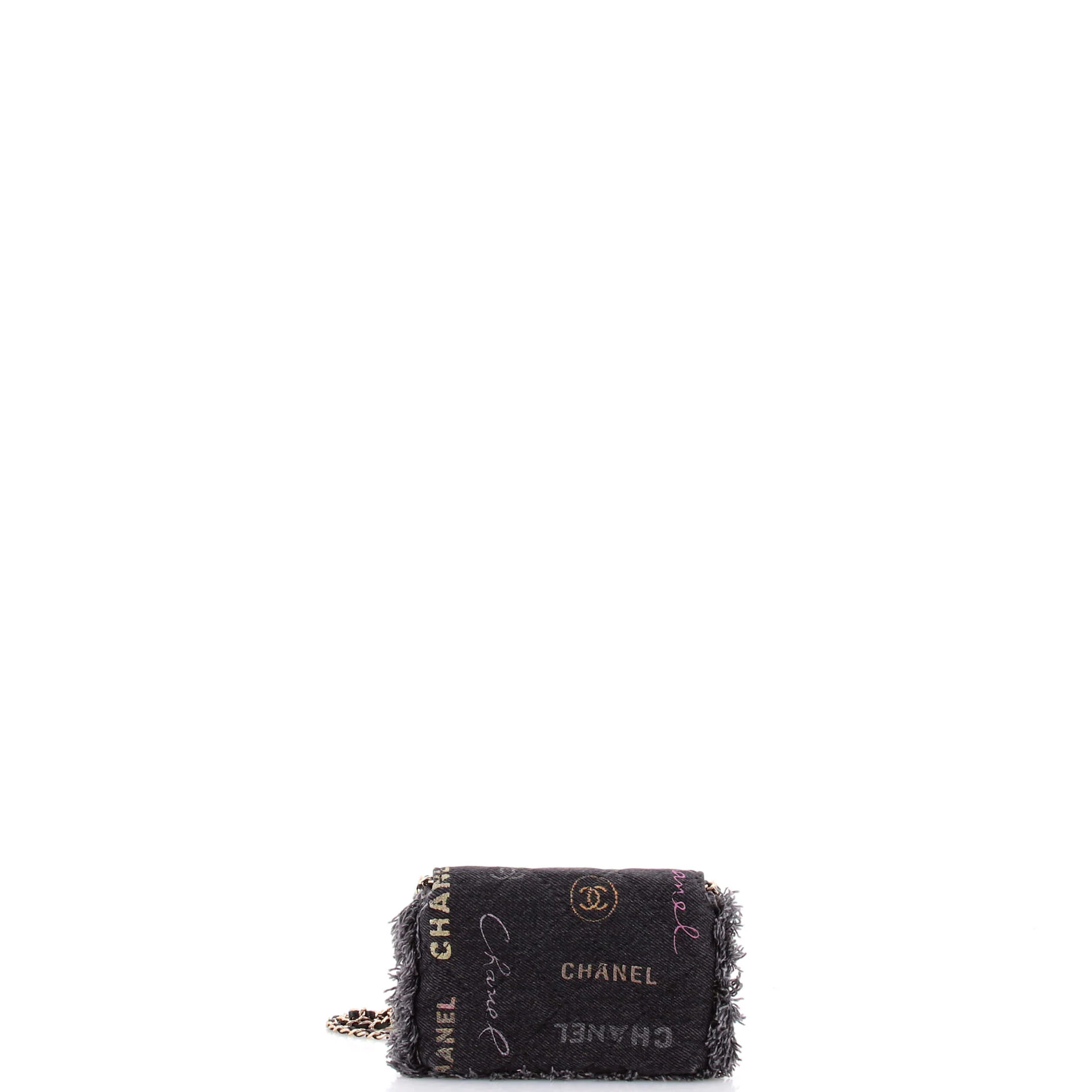 Denim Mood Flap Clutch with Chain Logo Printed Quilted Fringe Denim - Image 3
