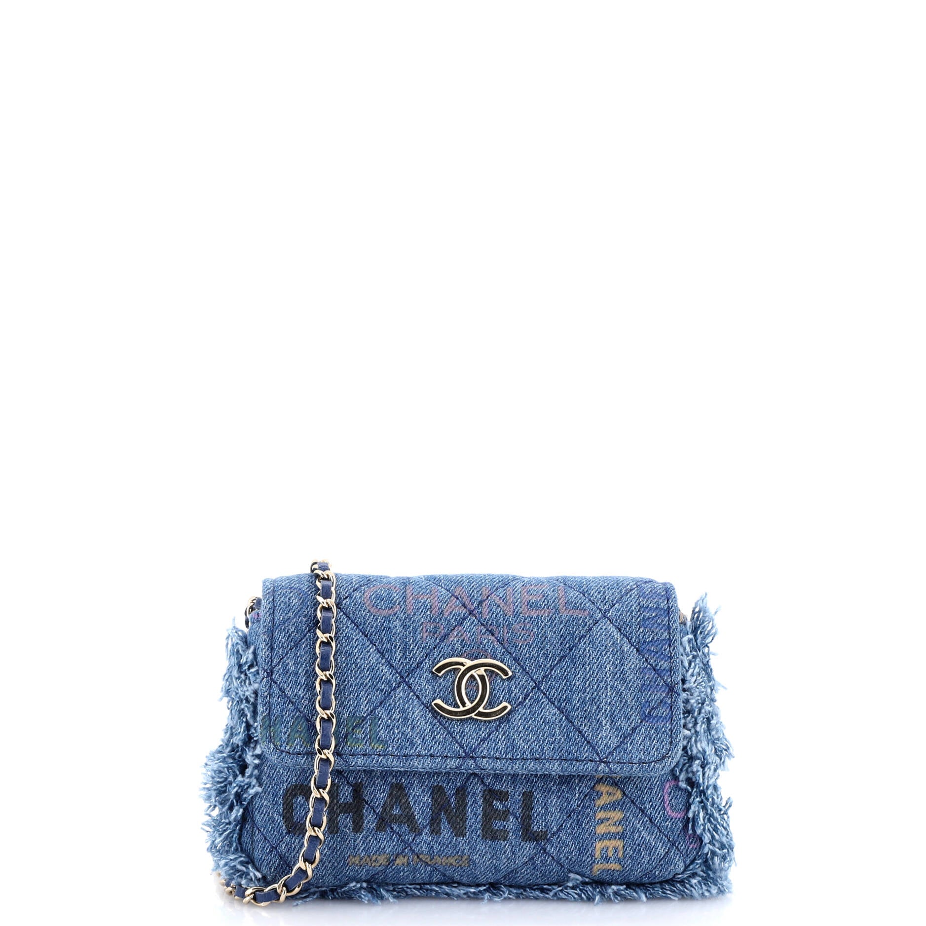 Denim Mood Flap Clutch with Chain Logo Printed Quilted Fringe Denim