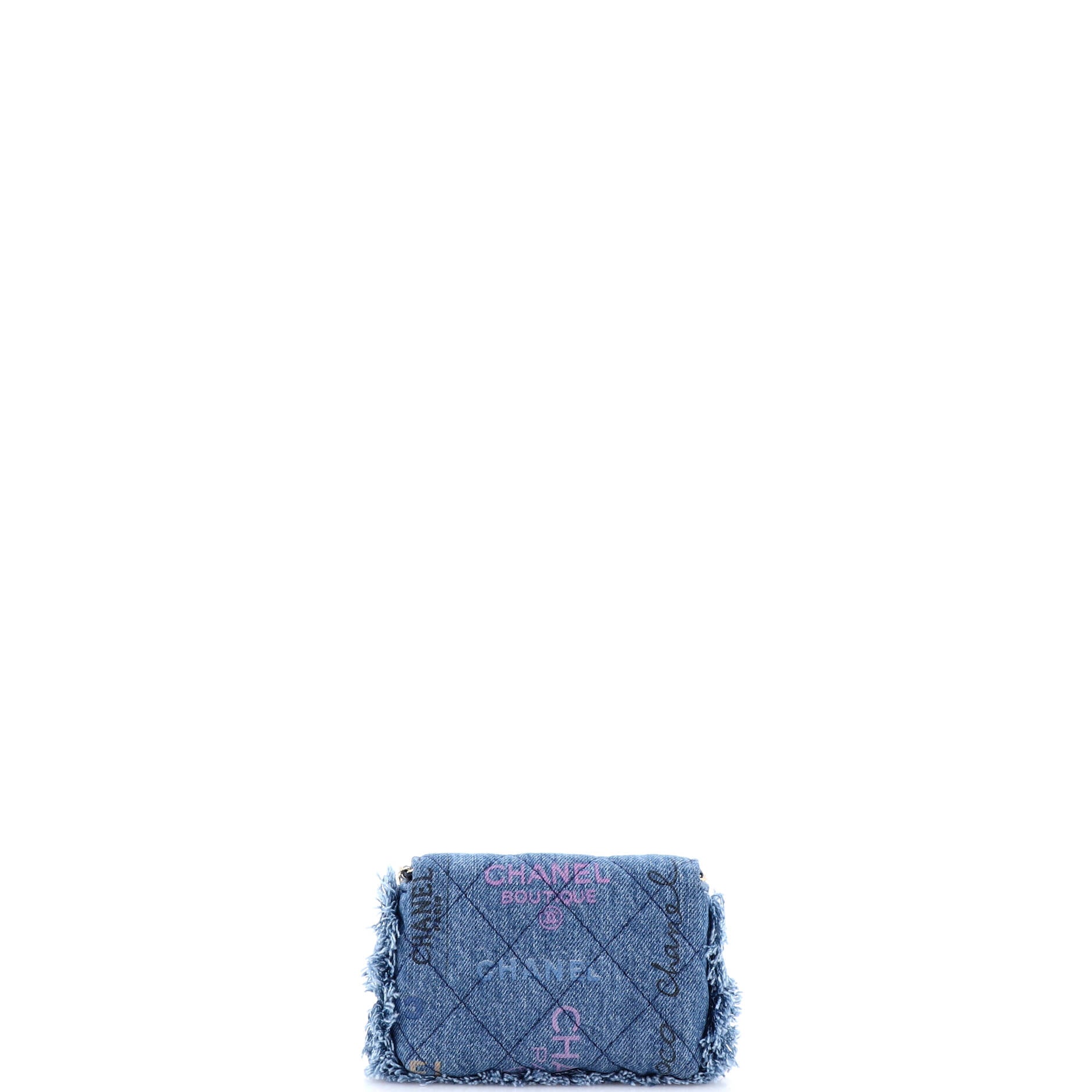 Denim Mood Flap Clutch with Chain Logo Printed Quilted Fringe Denim - Image 3