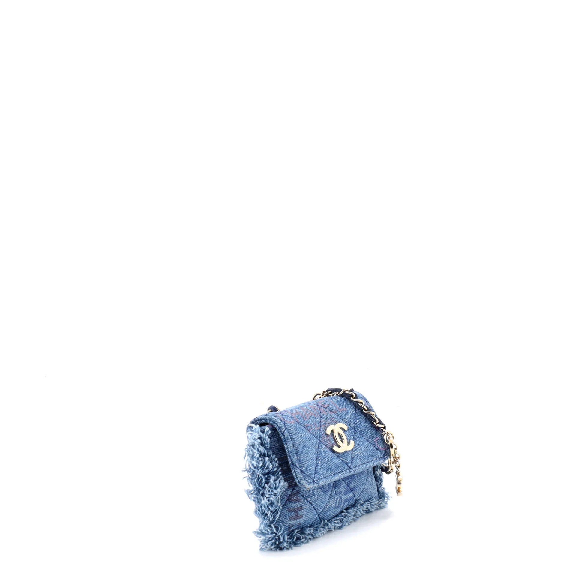 Denim Mood Flap Clutch with Chain Logo Printed Quilted Fringe Denim - Image 3