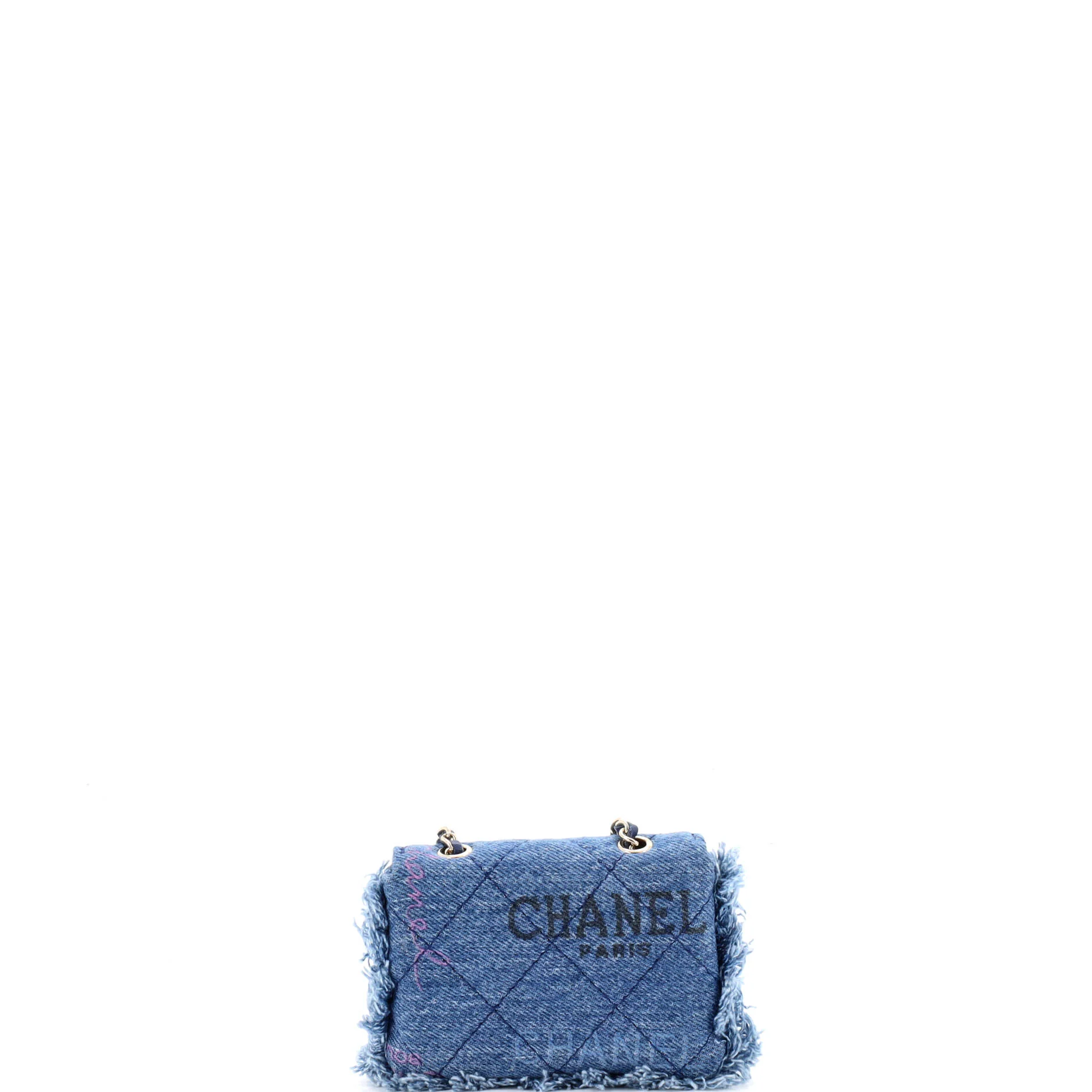 Denim Mood Flap Clutch with Chain Logo Printed Quilted Fringe Denim - Image 4