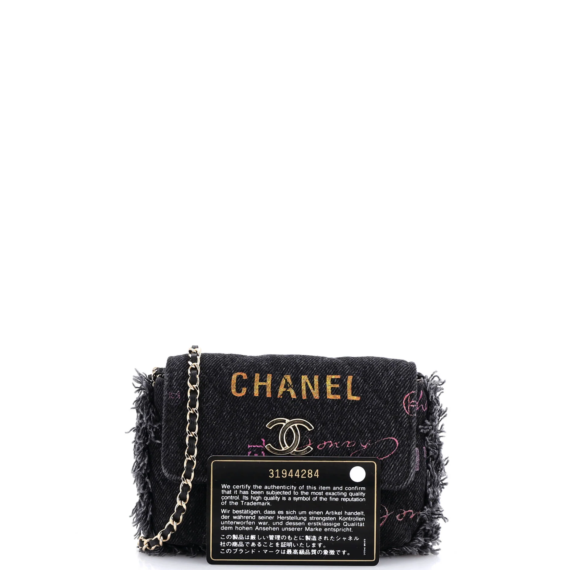 Denim Mood Flap Clutch with Chain Logo Printed Quilted Fringe Denim - Image 2