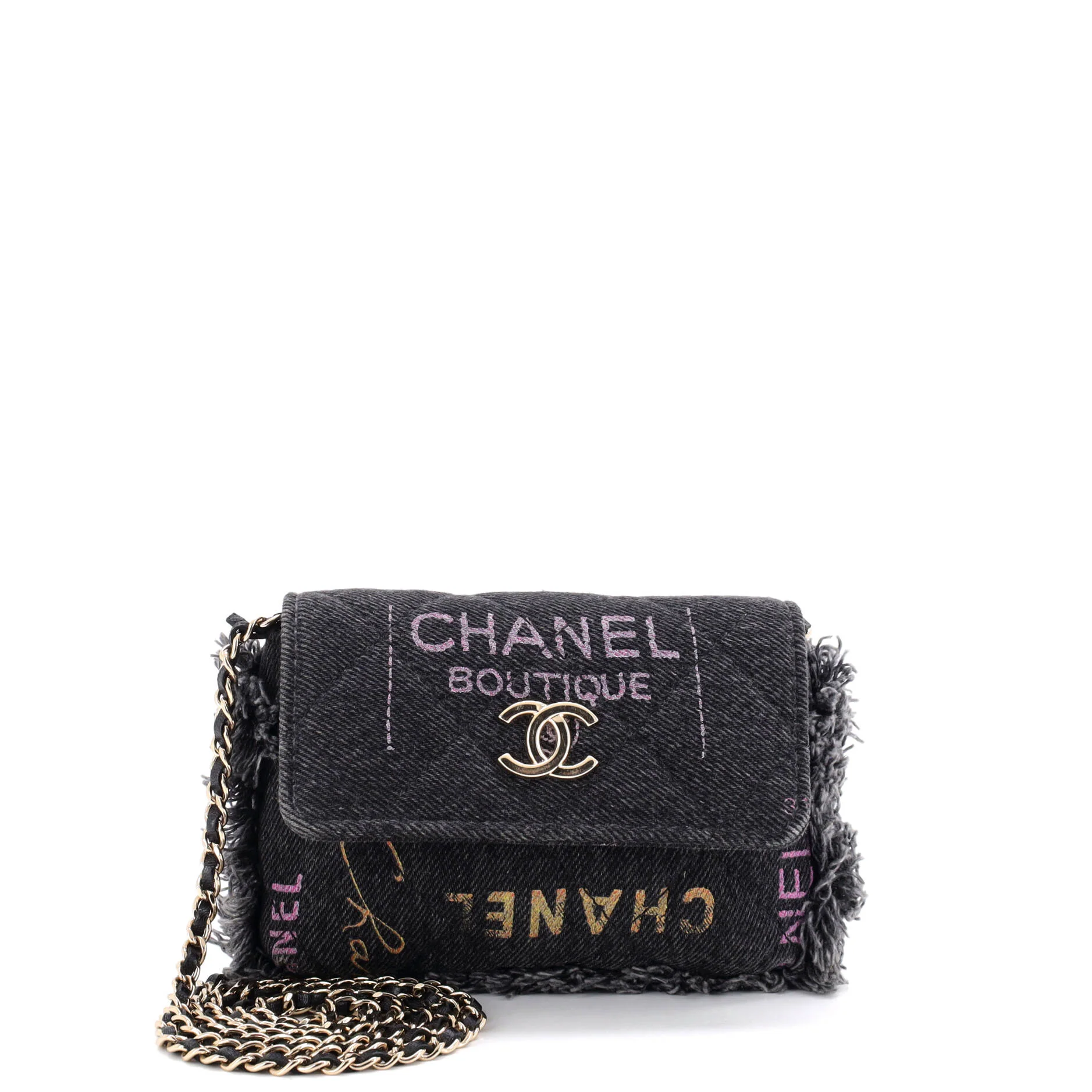 Denim Mood Flap Clutch with Chain Logo Printed Quilted Fringe Denim
