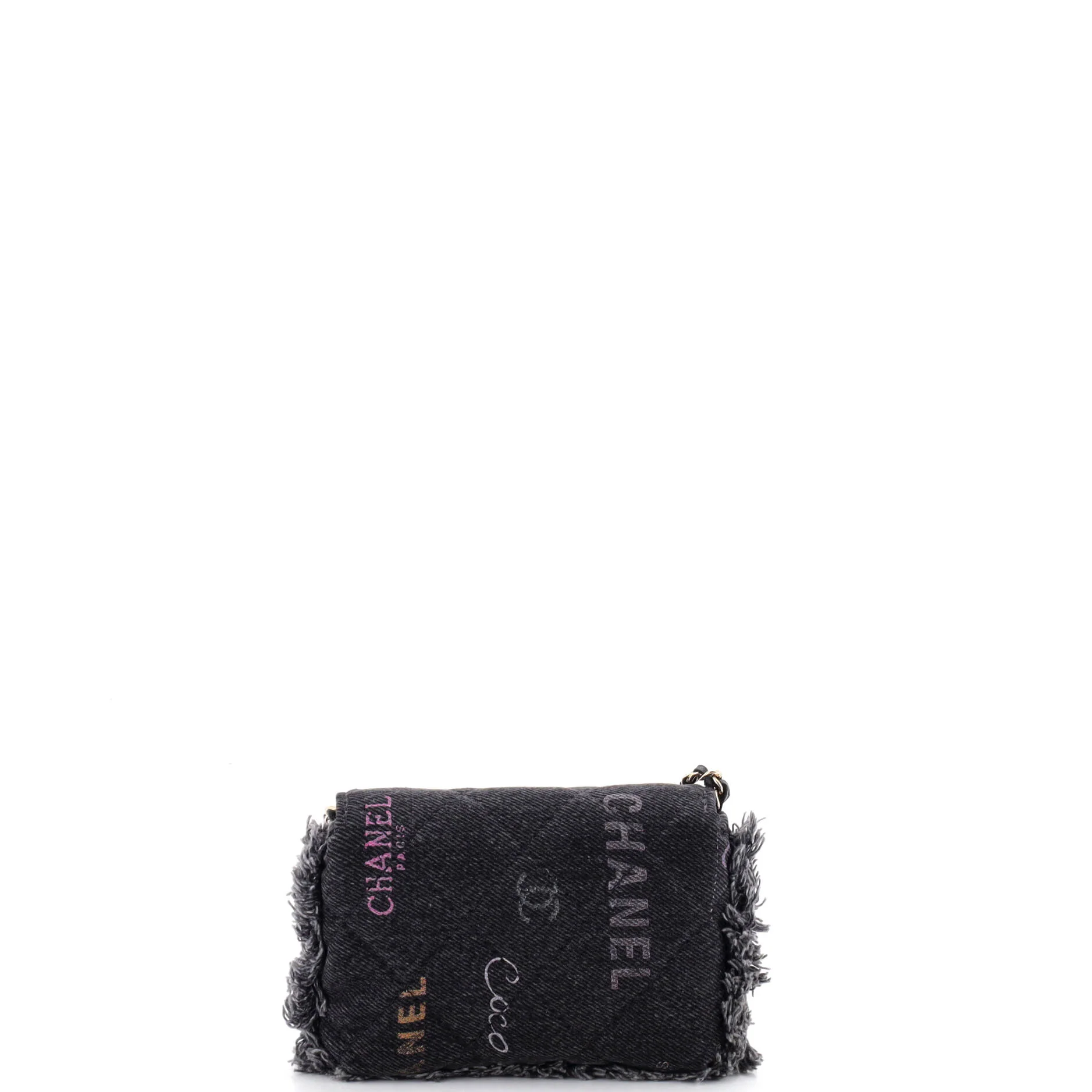 Denim Mood Flap Clutch with Chain Logo Printed Quilted Fringe Denim - Image 3