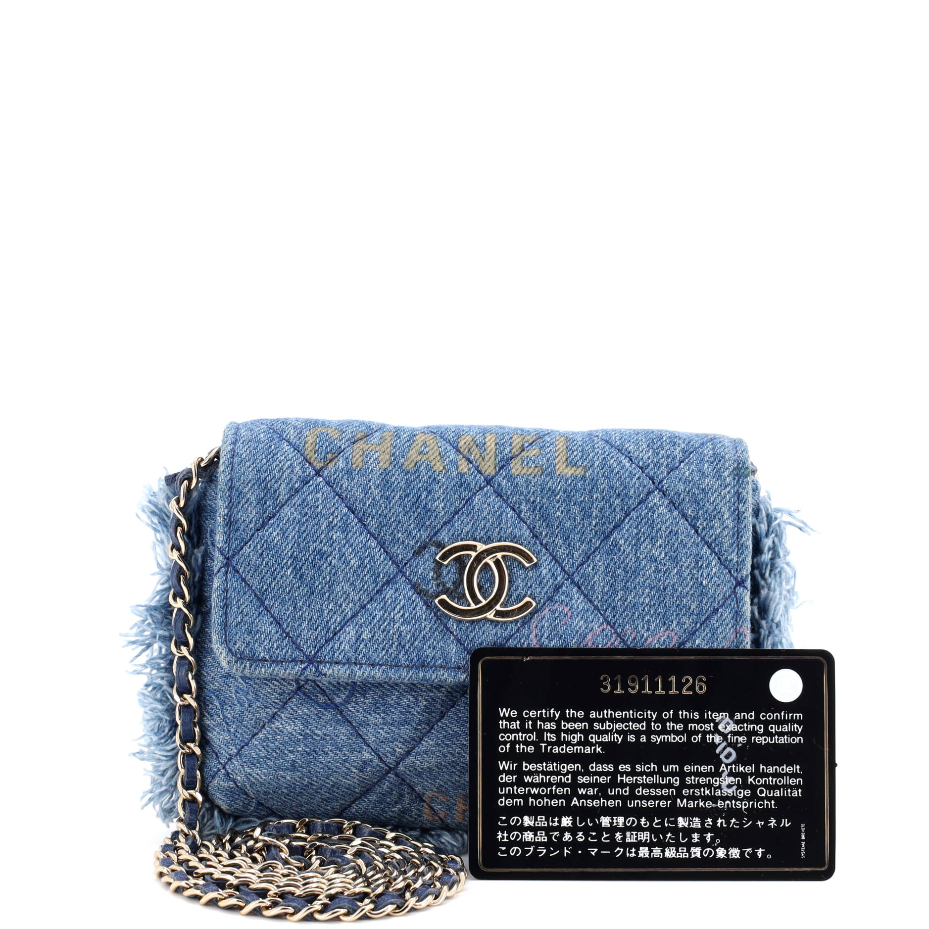 Denim Mood Flap Clutch with Chain Logo Printed Quilted Fringe Denim - Image 2