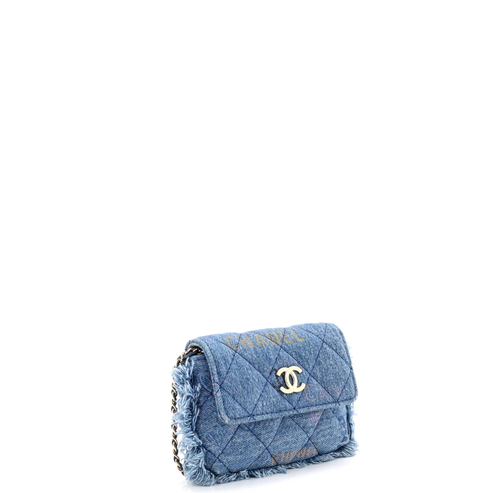 Denim Mood Flap Clutch with Chain Logo Printed Quilted Fringe Denim - Image 3
