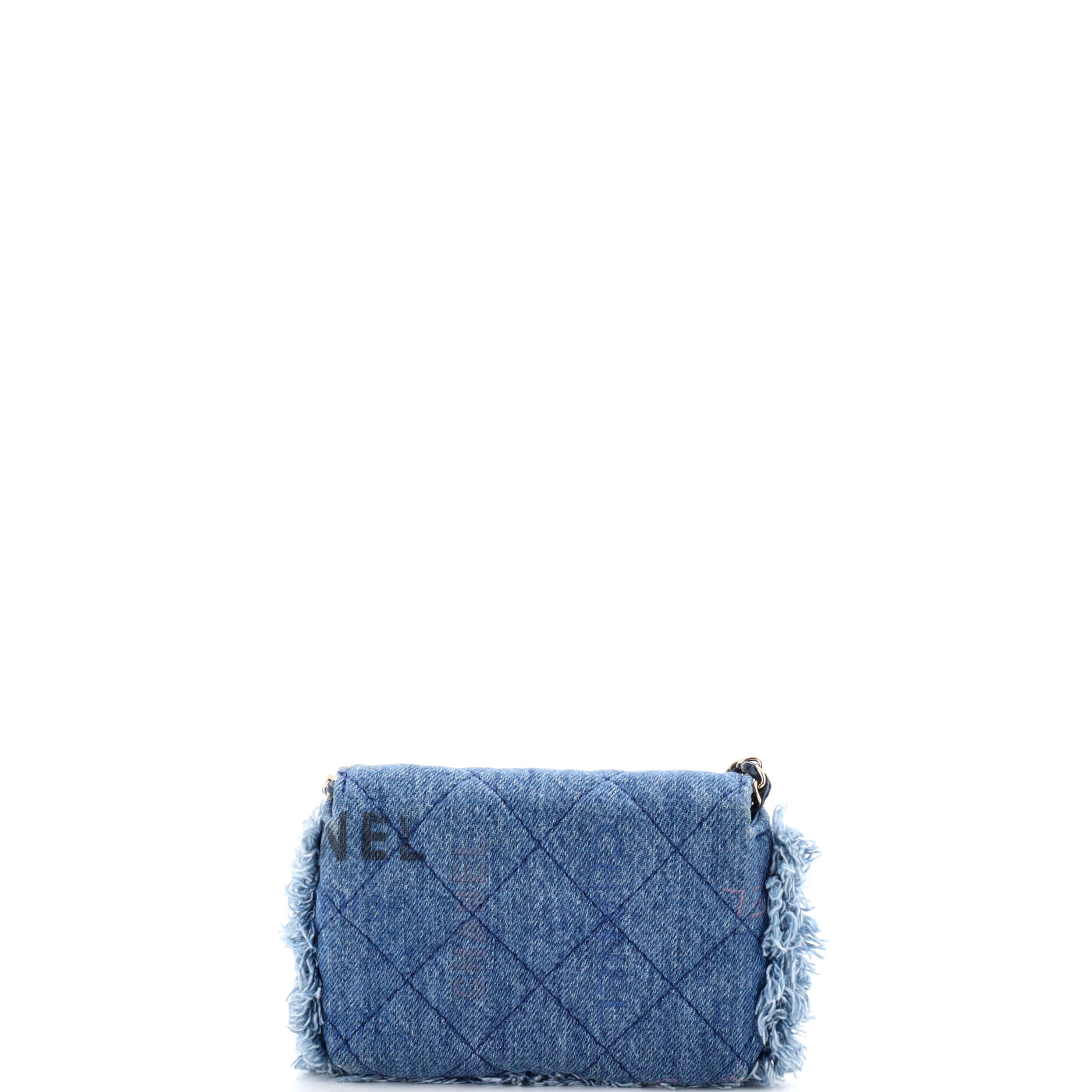 Denim Mood Flap Clutch with Chain Logo Printed Quilted Fringe Denim - Image 4