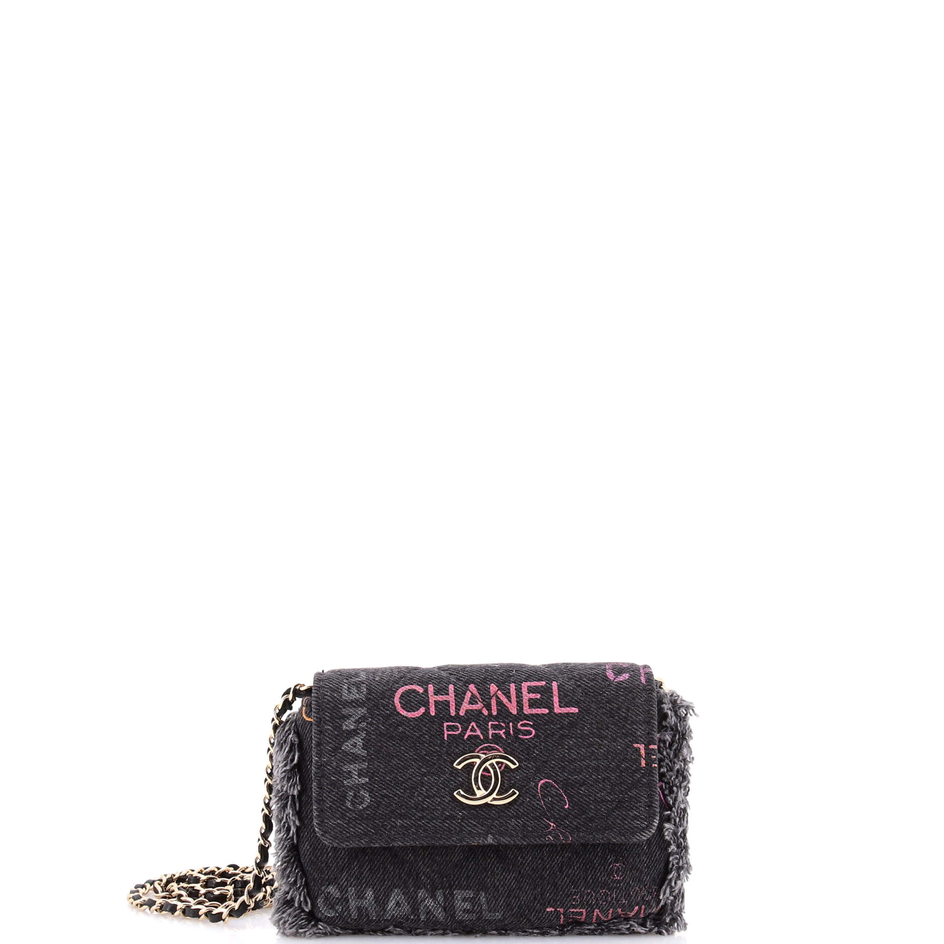 Denim Mood Flap Clutch with Chain Logo Printed Quilted Fringe Denim