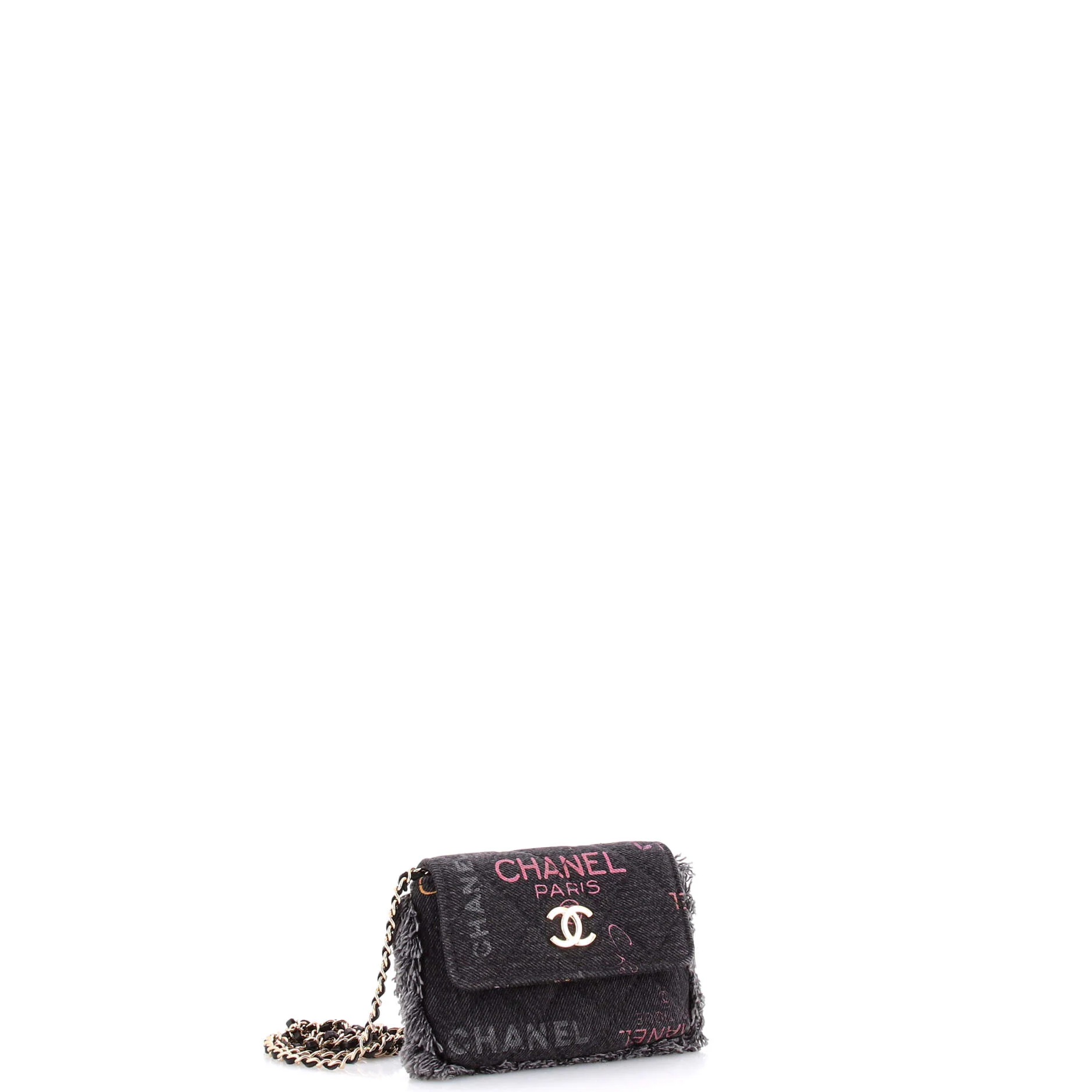 Denim Mood Flap Clutch with Chain Logo Printed Quilted Fringe Denim - Image 2