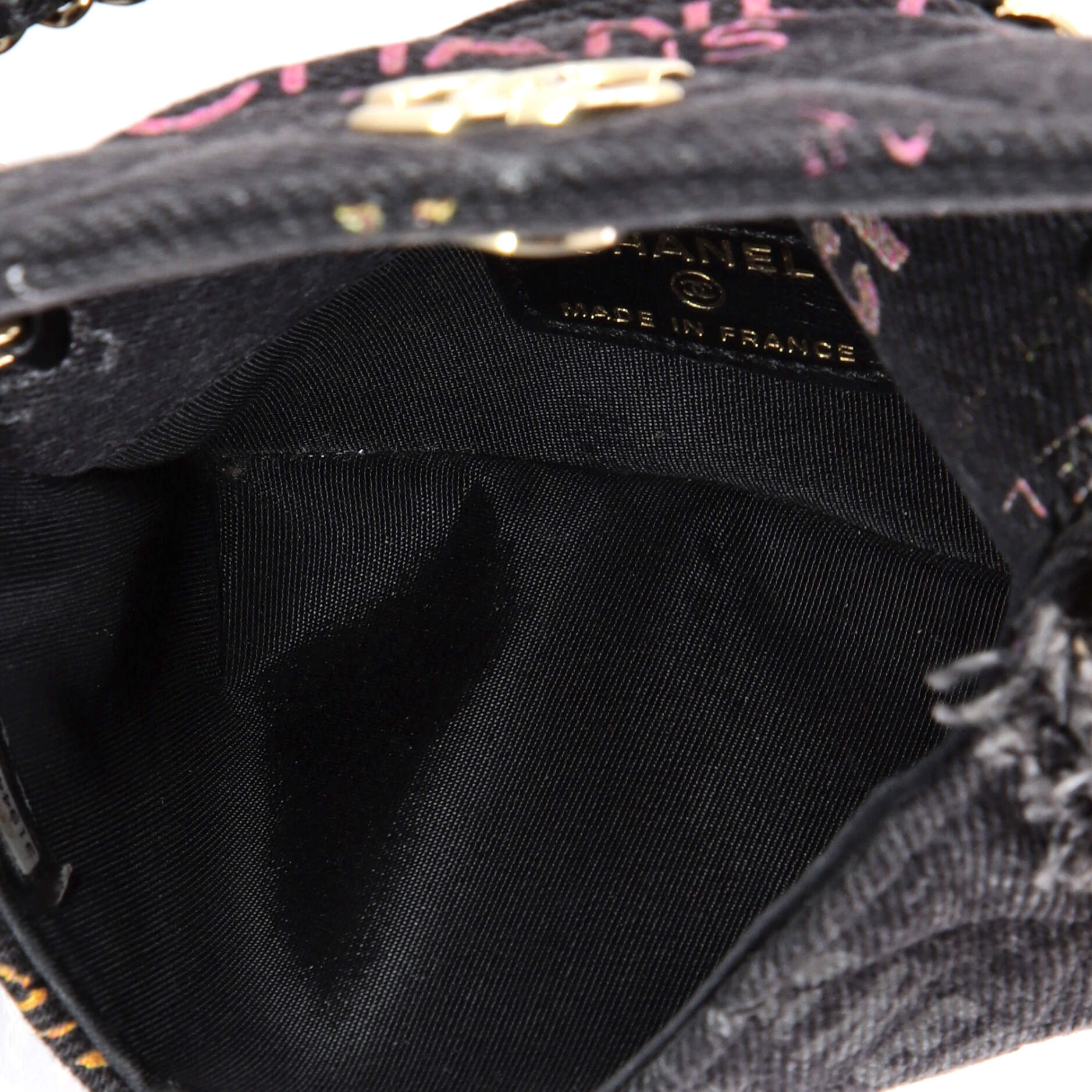 Denim Mood Flap Clutch with Chain Logo Printed Quilted Fringe Denim - Image 5