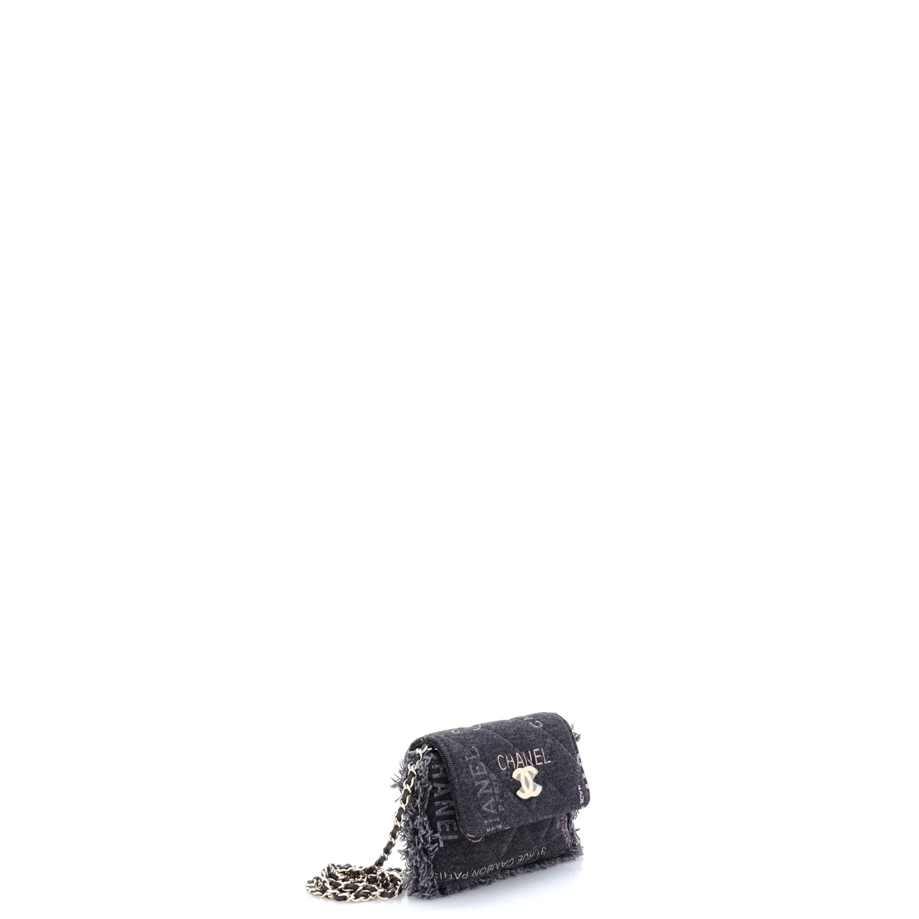 Denim Mood Flap Clutch with Chain Logo Printed Quilted Fringe Denim - Image 2