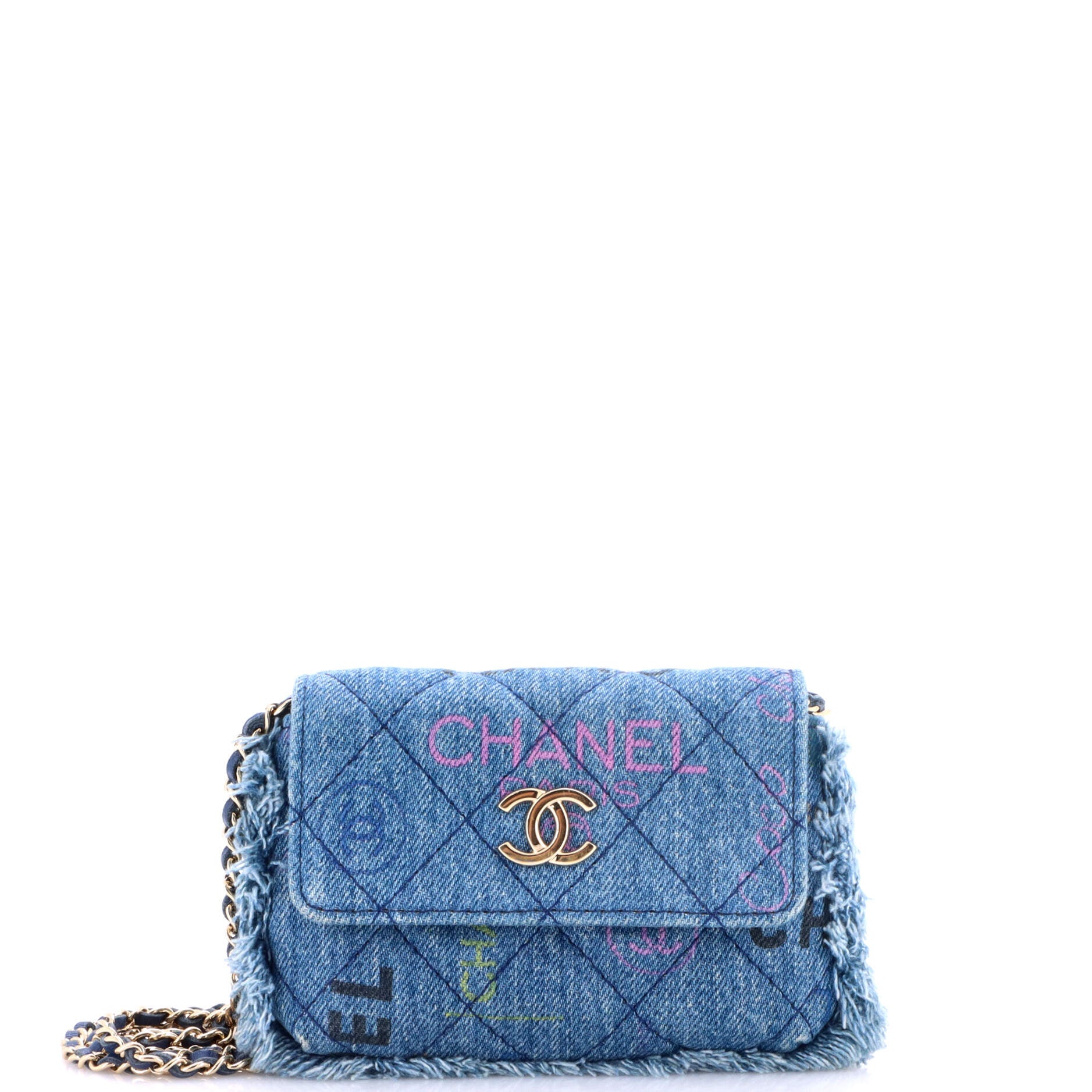 Denim Mood Flap Clutch with Chain Logo Printed Quilted Fringe Denim