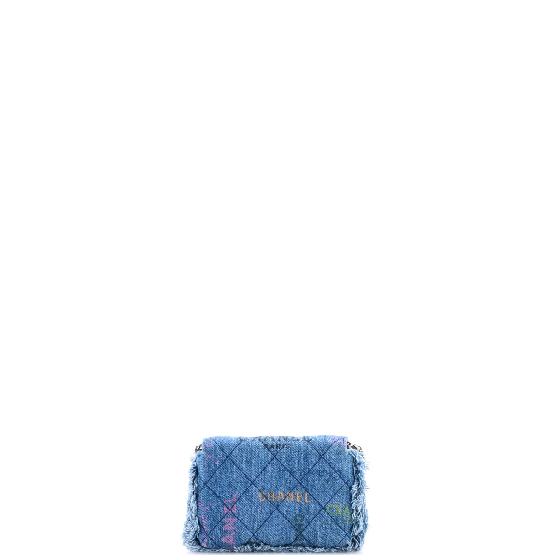 Denim Mood Flap Clutch with Chain Logo Printed Quilted Fringe Denim - Image 3