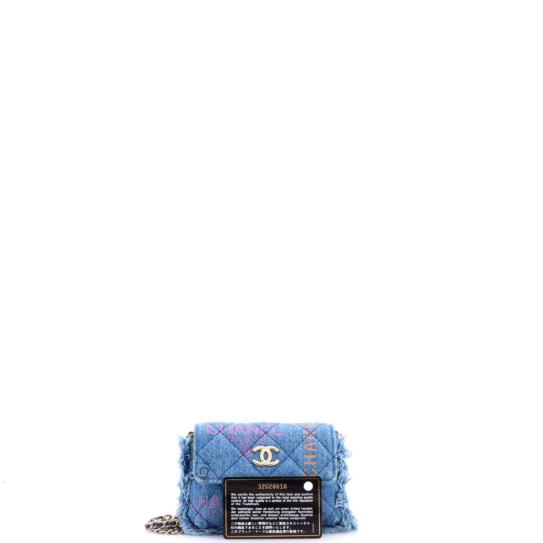 Denim Mood Flap Clutch with Chain Logo Printed Quilted Fringe Denim - Image 2