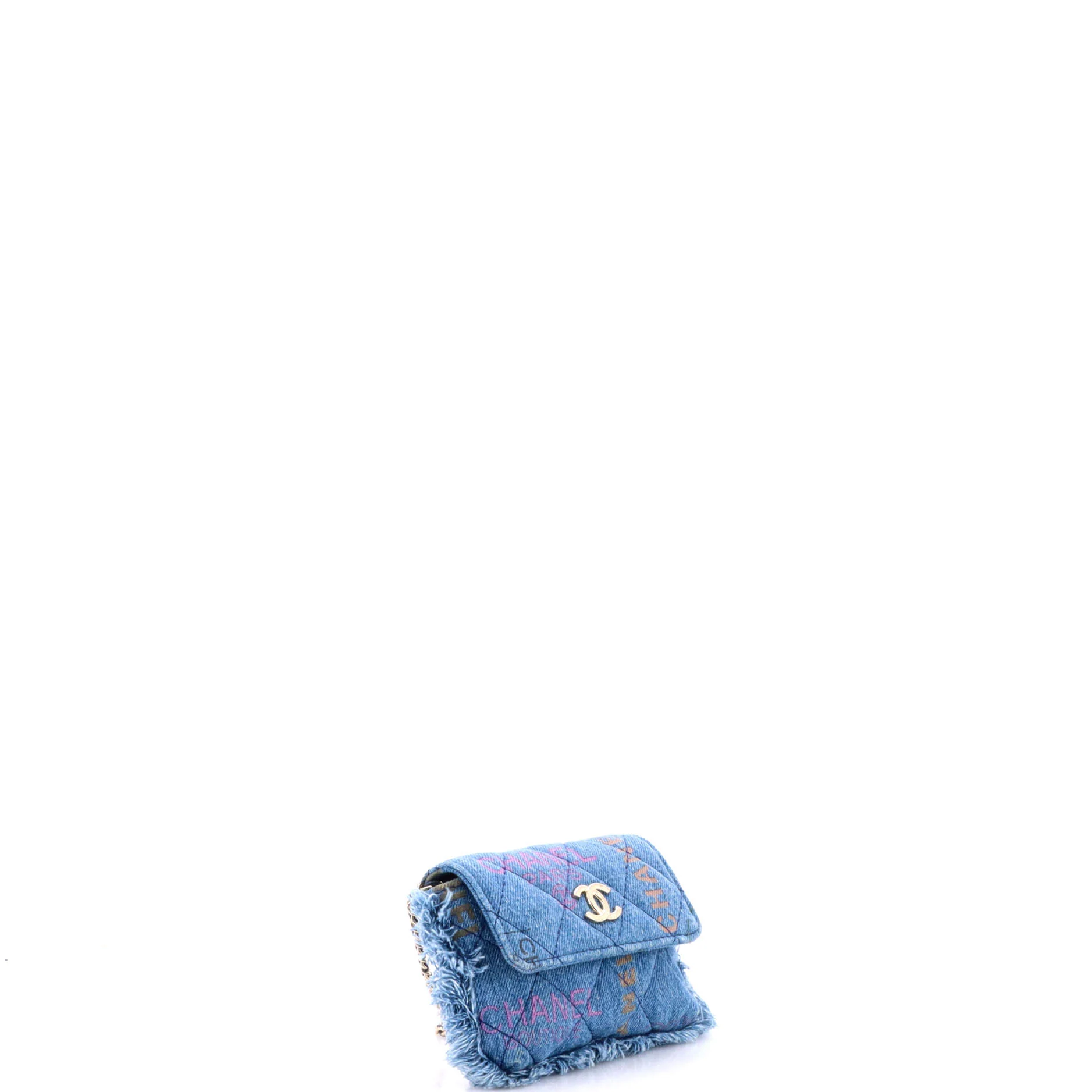 Denim Mood Flap Clutch with Chain Logo Printed Quilted Fringe Denim - Image 3