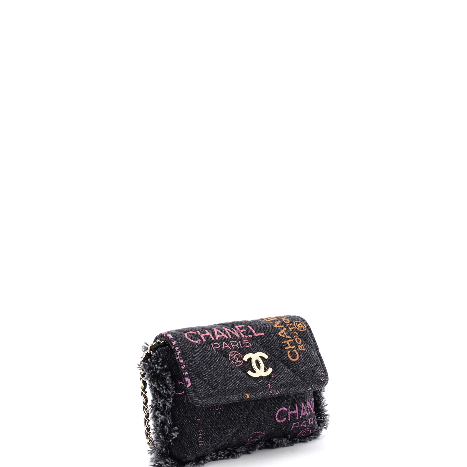 Denim Mood Flap Clutch with Chain Logo Printed Quilted Fringe Denim - Image 2