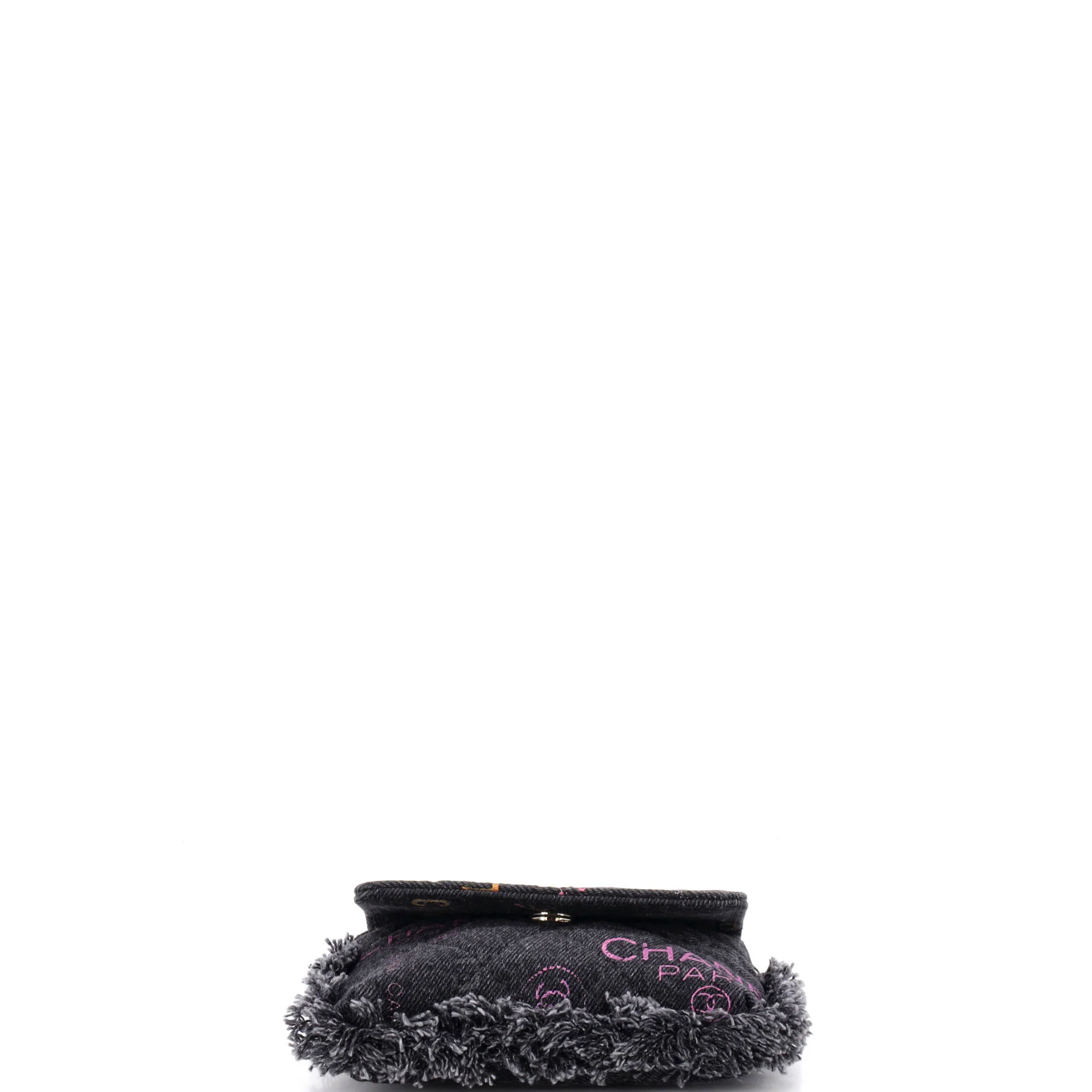 Denim Mood Flap Clutch with Chain Logo Printed Quilted Fringe Denim - Image 4