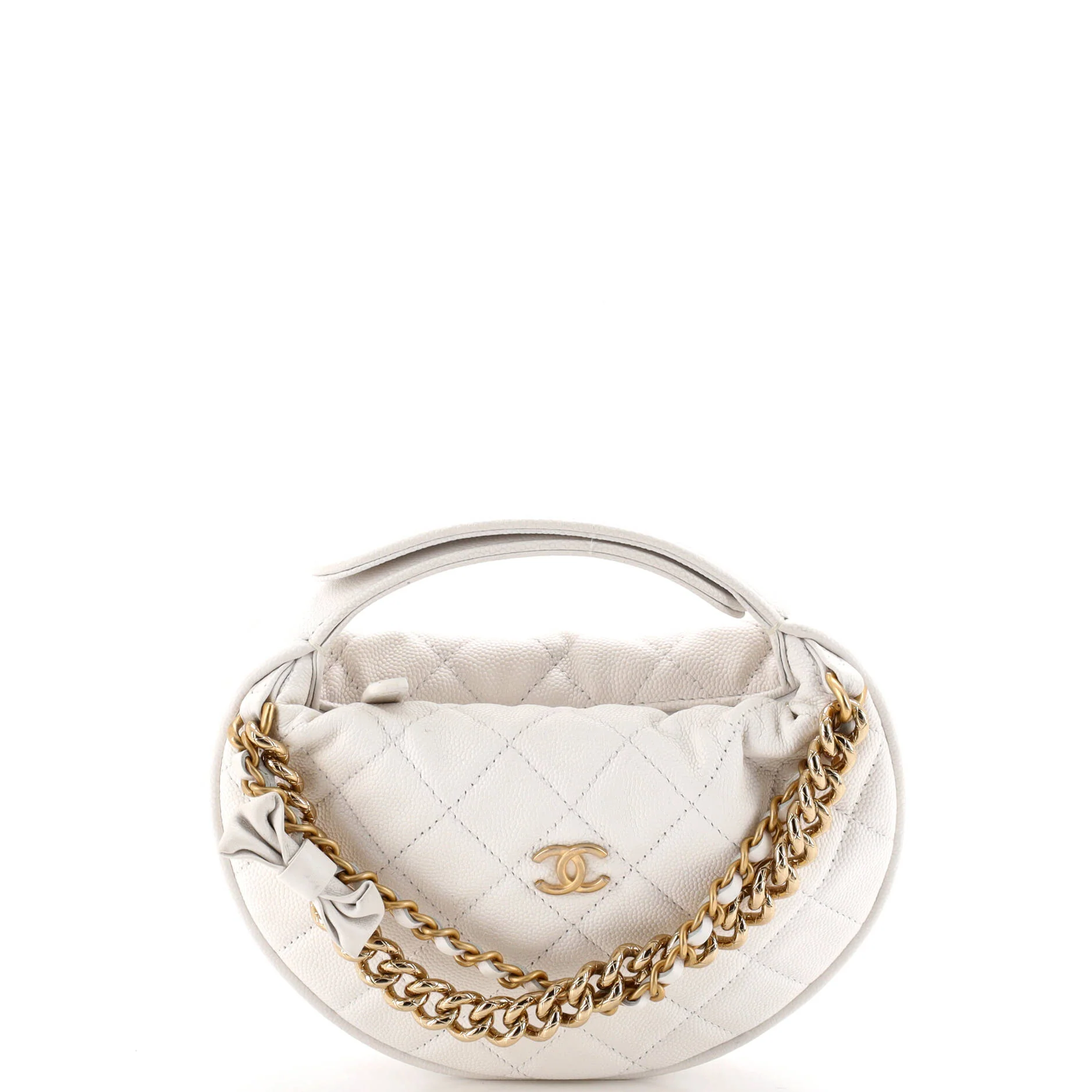 Double Chain Bow Hobo Pouch Quilted Caviar Mini